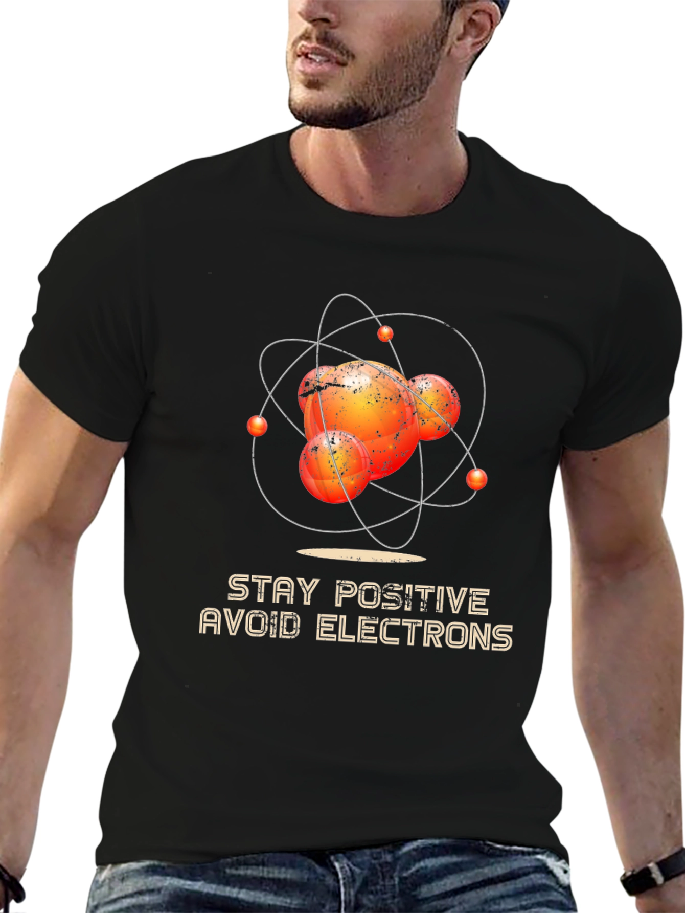 Black Stay Positive Avoid Electrons Graphic Tee view 6