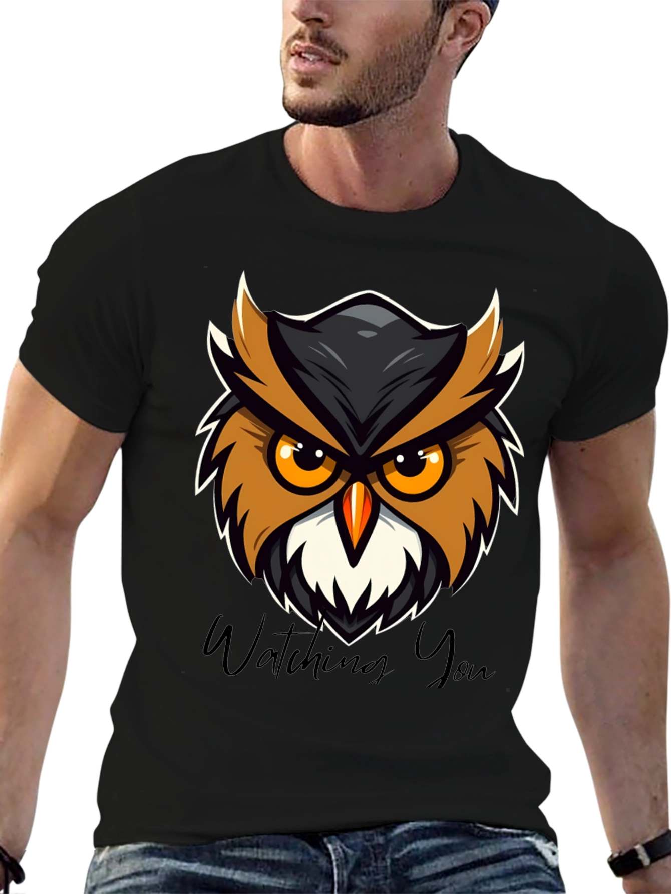 Black Men's Black Owl Graphic Tee - Watching You Design view 6