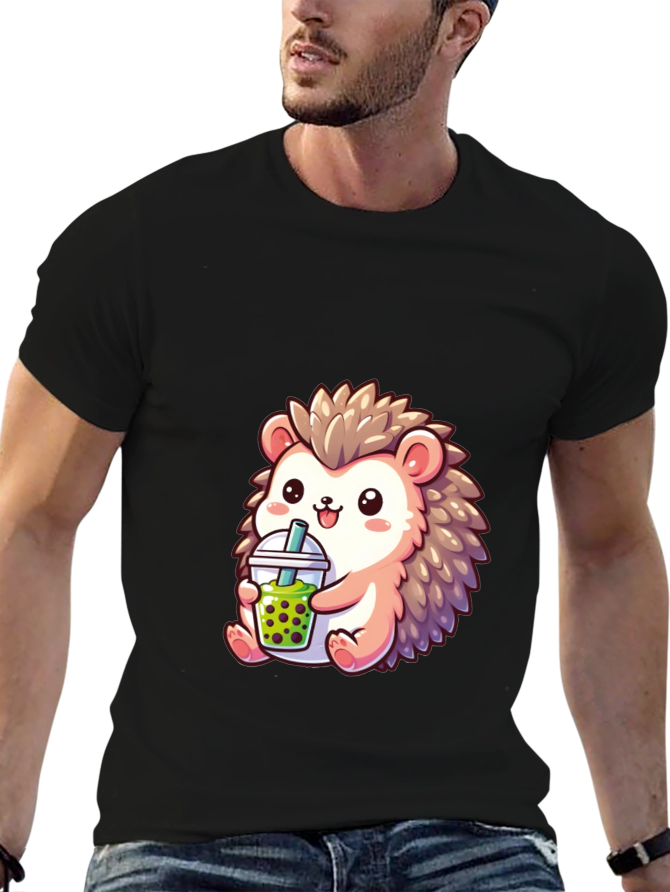 Black Cute Hedgehog Boba Tea Graphic Tee view 6