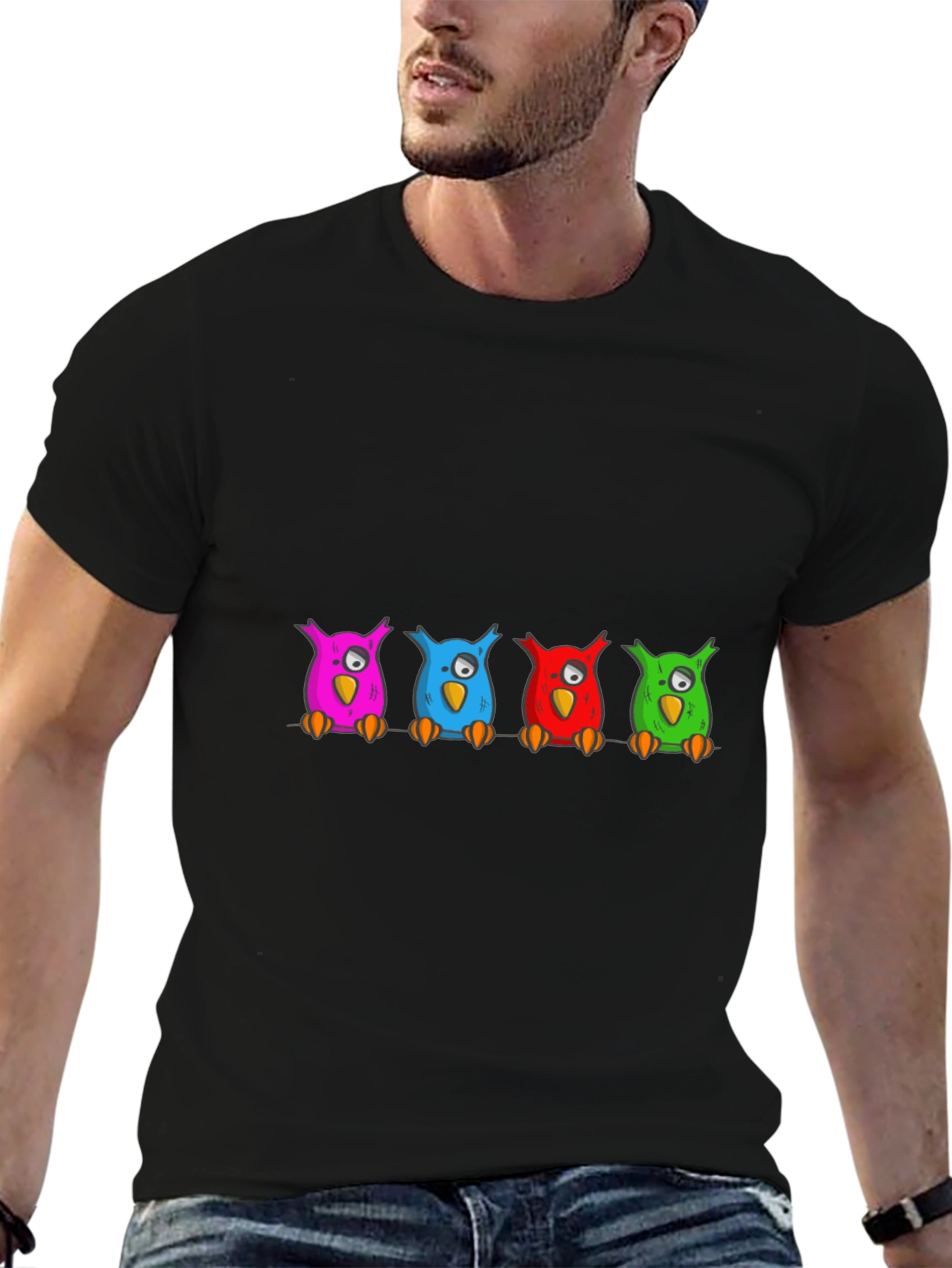 Black Colorful Cartoon Owls on a Branch T-Shirt view 6