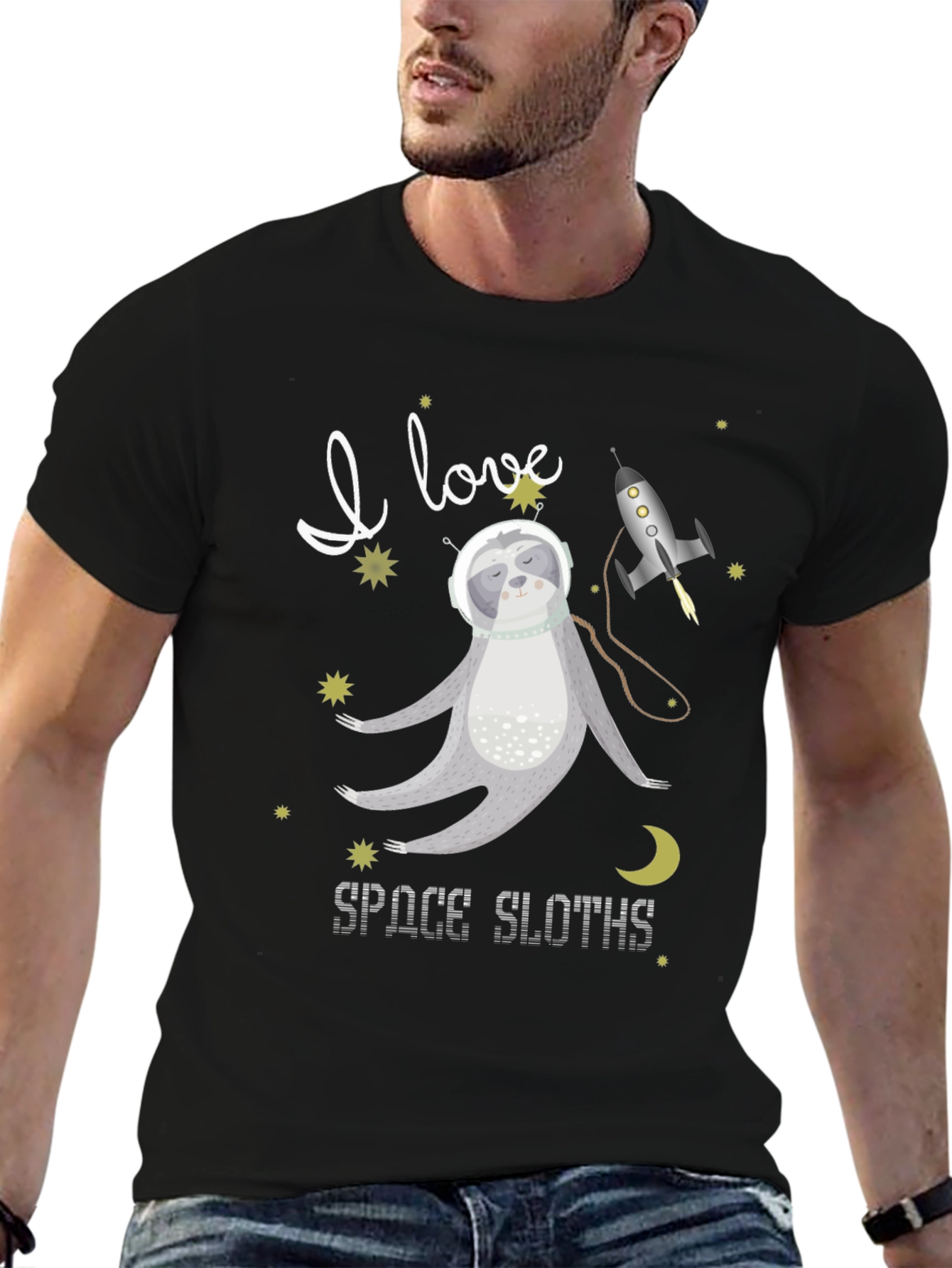 Black I Love Space Sloths Black T-Shirt view 6