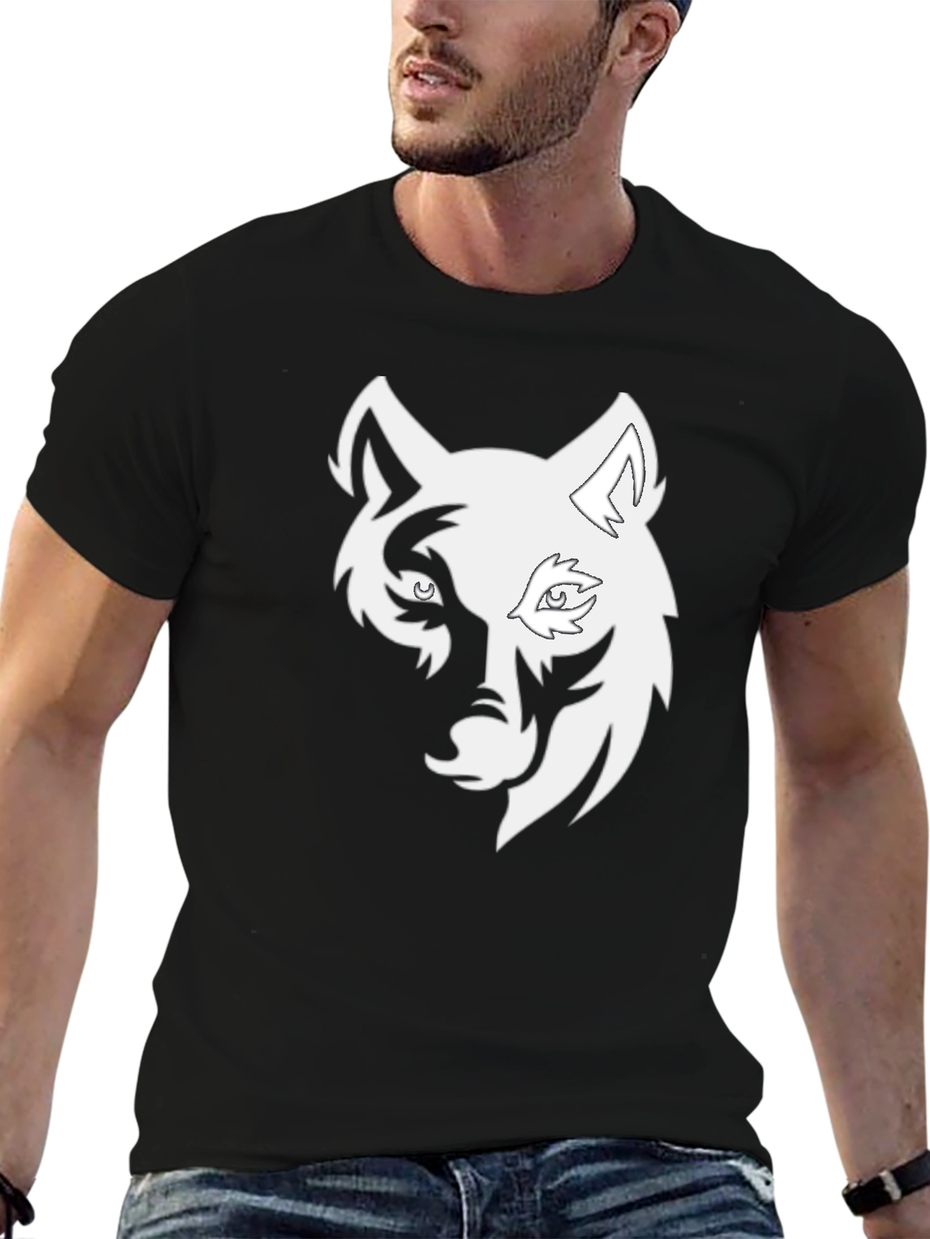 Black Cool Wolf Head Graphic Black T-Shirt view 6