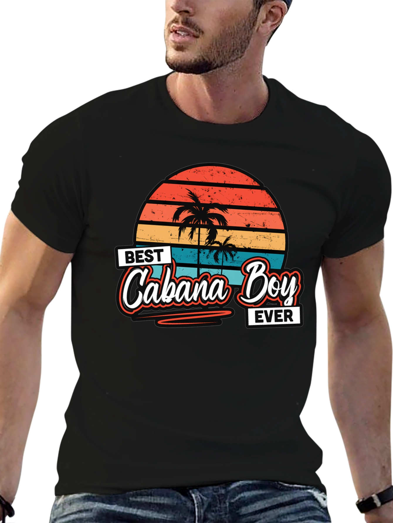 Black Best Cabana Boy Ever T-Shirt Retro Sunset Palm Trees view 6