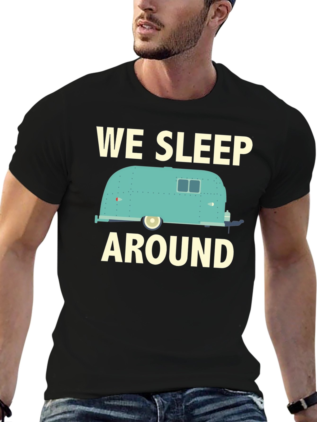 Black We Sleep Around Camper T-Shirt - Travel Adventure Tee view 6
