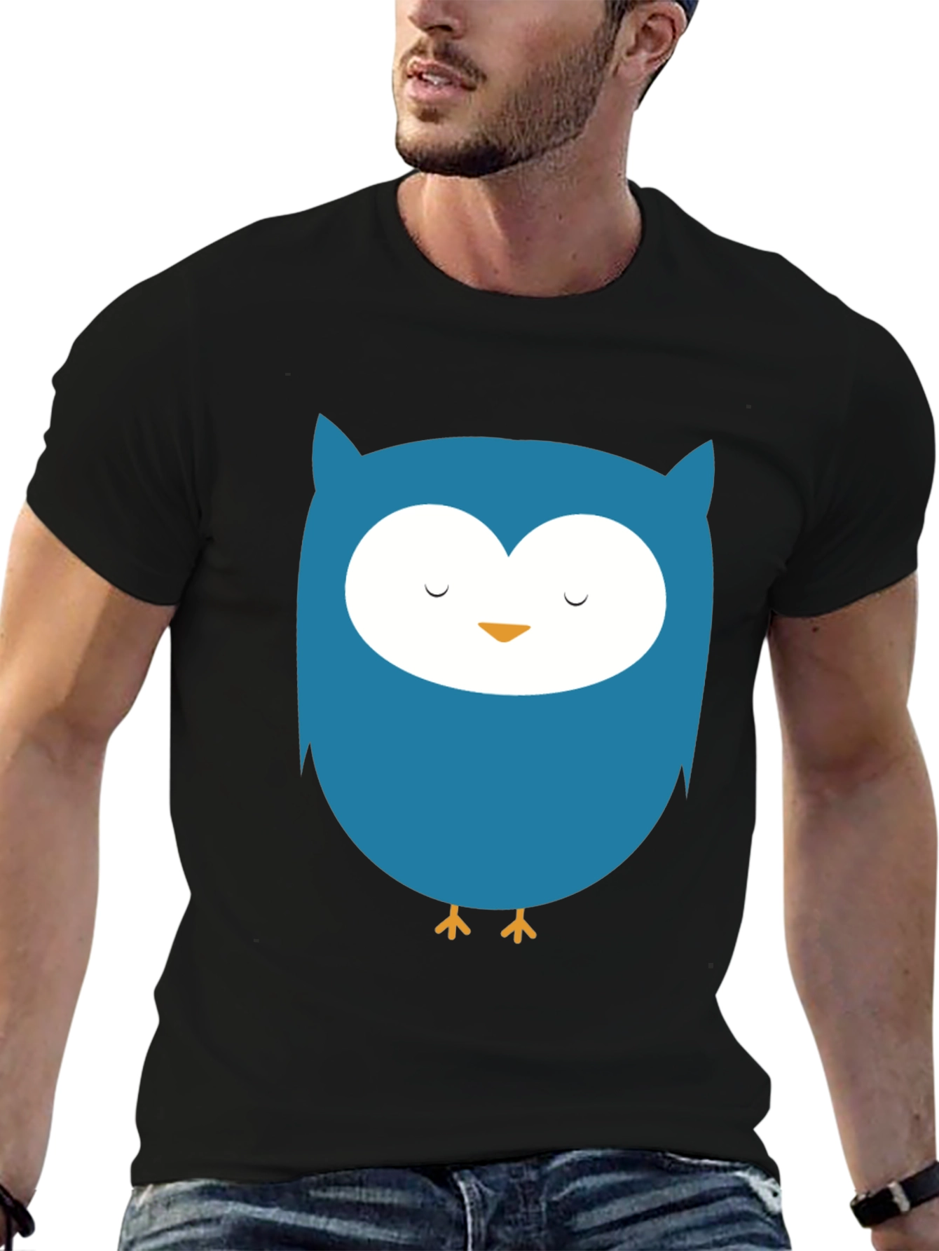 Black Cute Blue Owl Graphic Black T-Shirt view 6