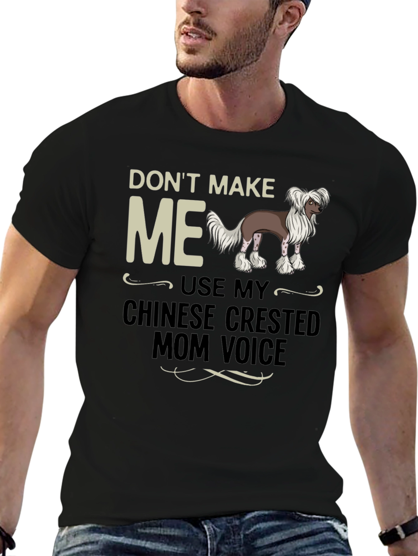 Black Chinese Crested Mom Voice T-Shirt view 6