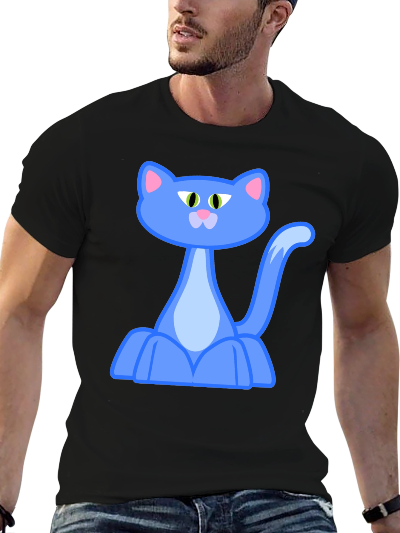 Black Blue Cartoon Cat Graphic Black T-Shirt view 6