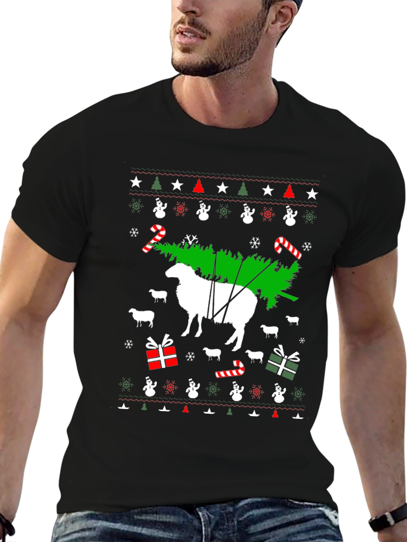 Black Funny Sheep Christmas Tree T-Shirt view 6