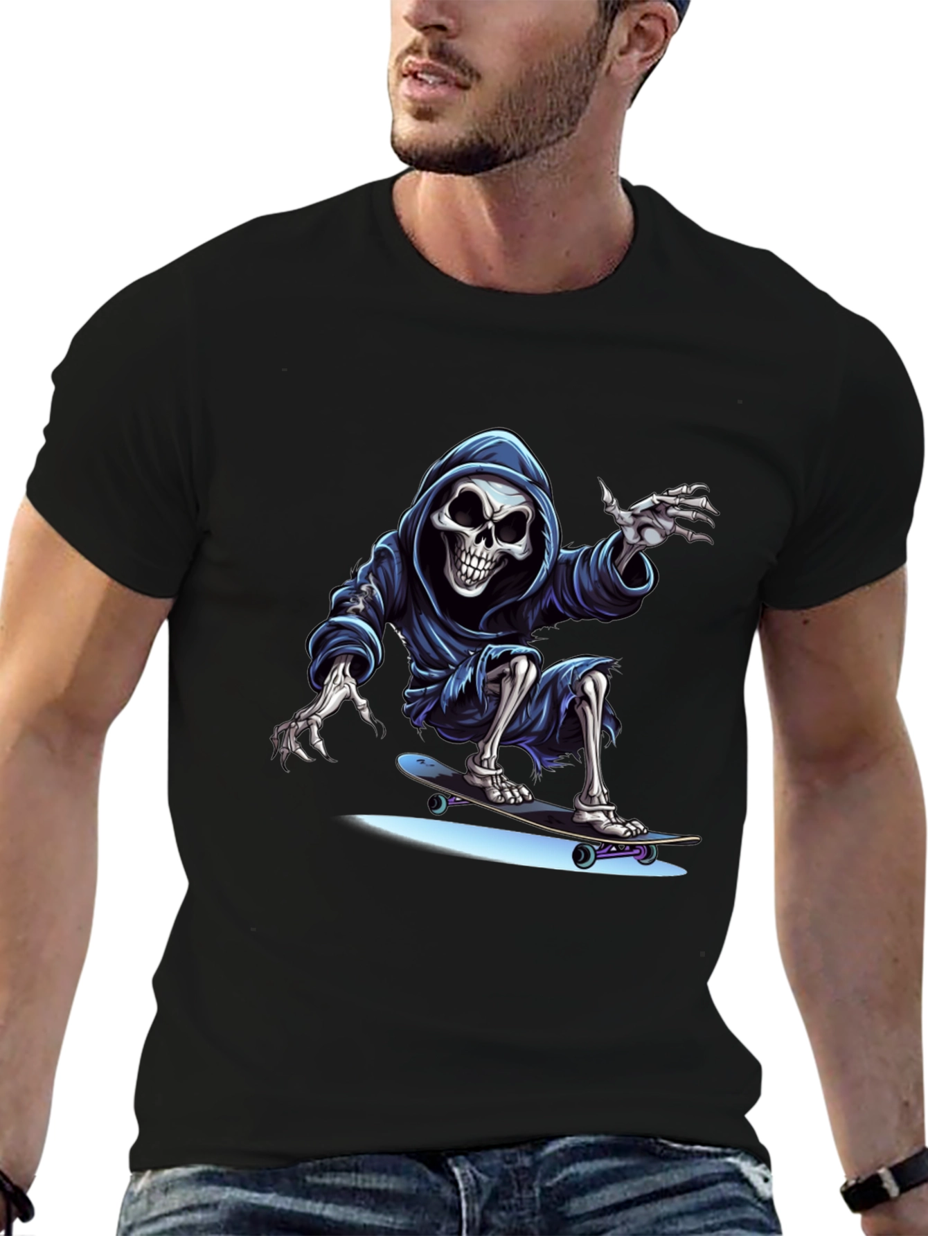 Black Skateboarding Grim Reaper Graphic Tee - Cool Skeleton Shirt view 6