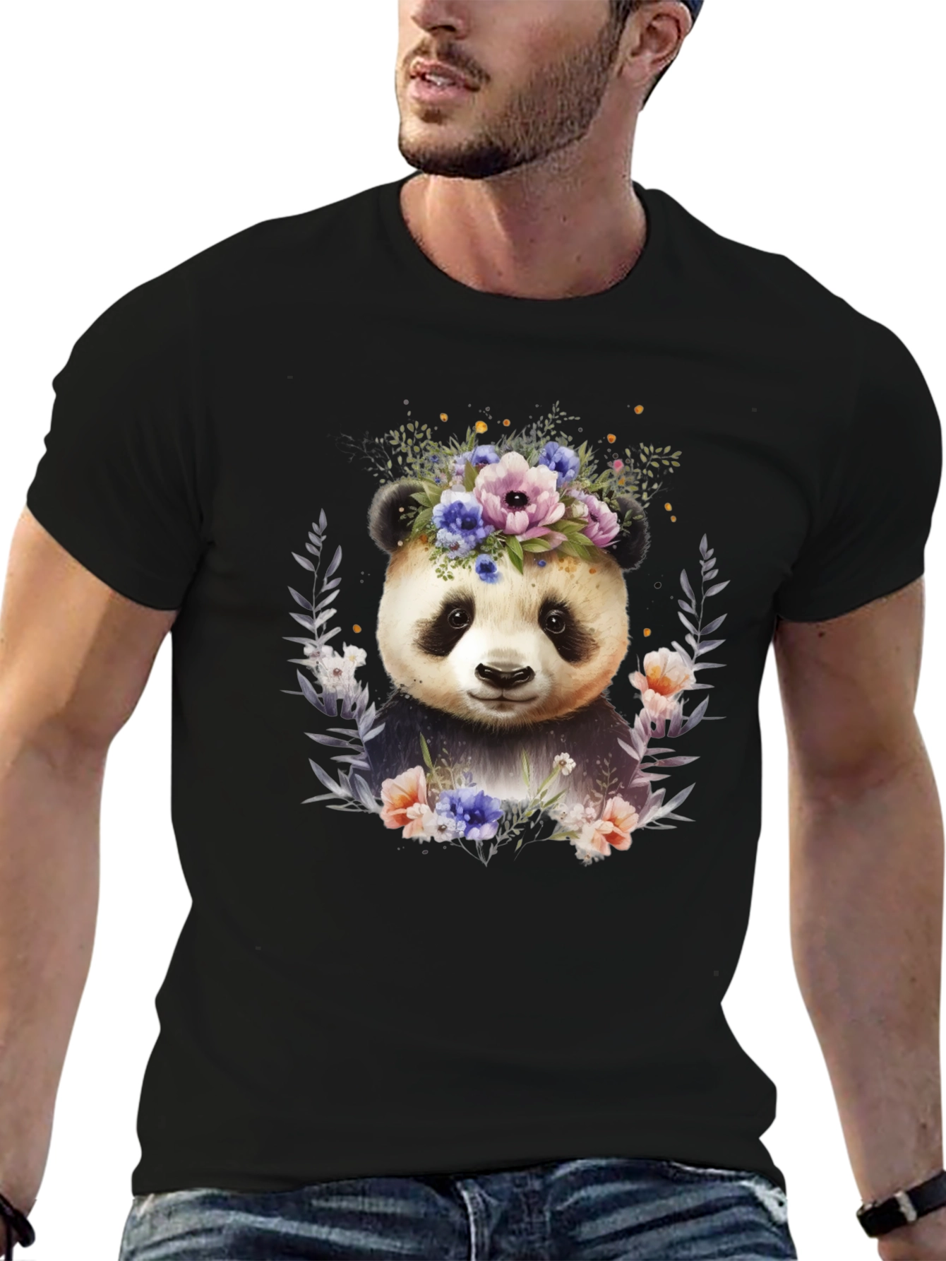 Black Panda Floral Wreath T-Shirt - Cute Animal Tee view 6