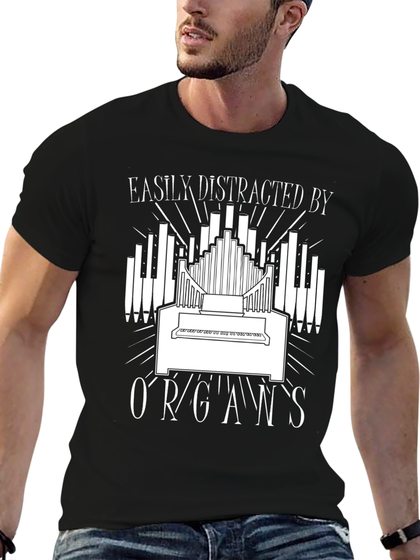 Black Easily Distracted By Organs Funny T-Shirt view 6