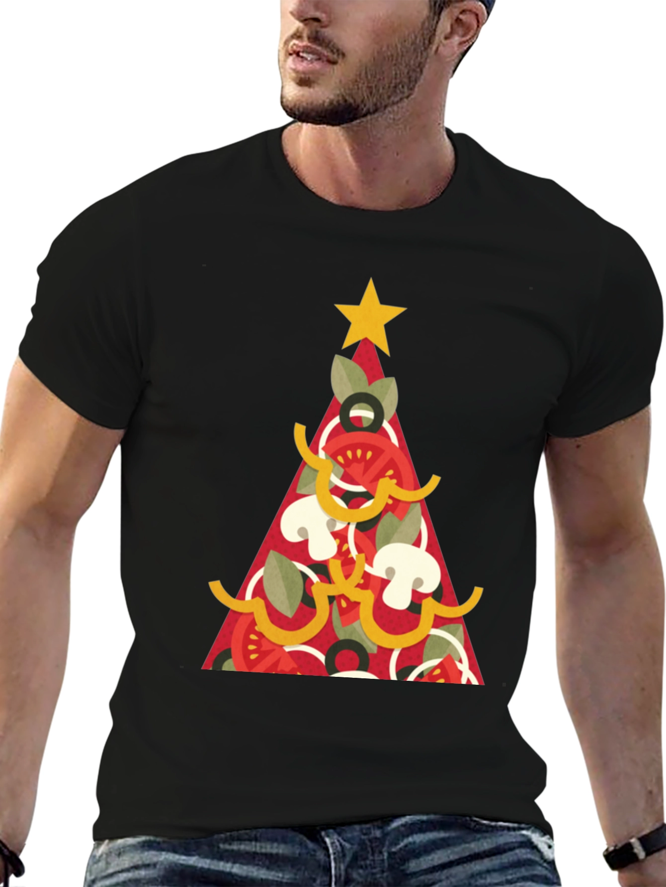 Black Pizza Christmas Tree Graphic Tee - Holiday Apparel view 6