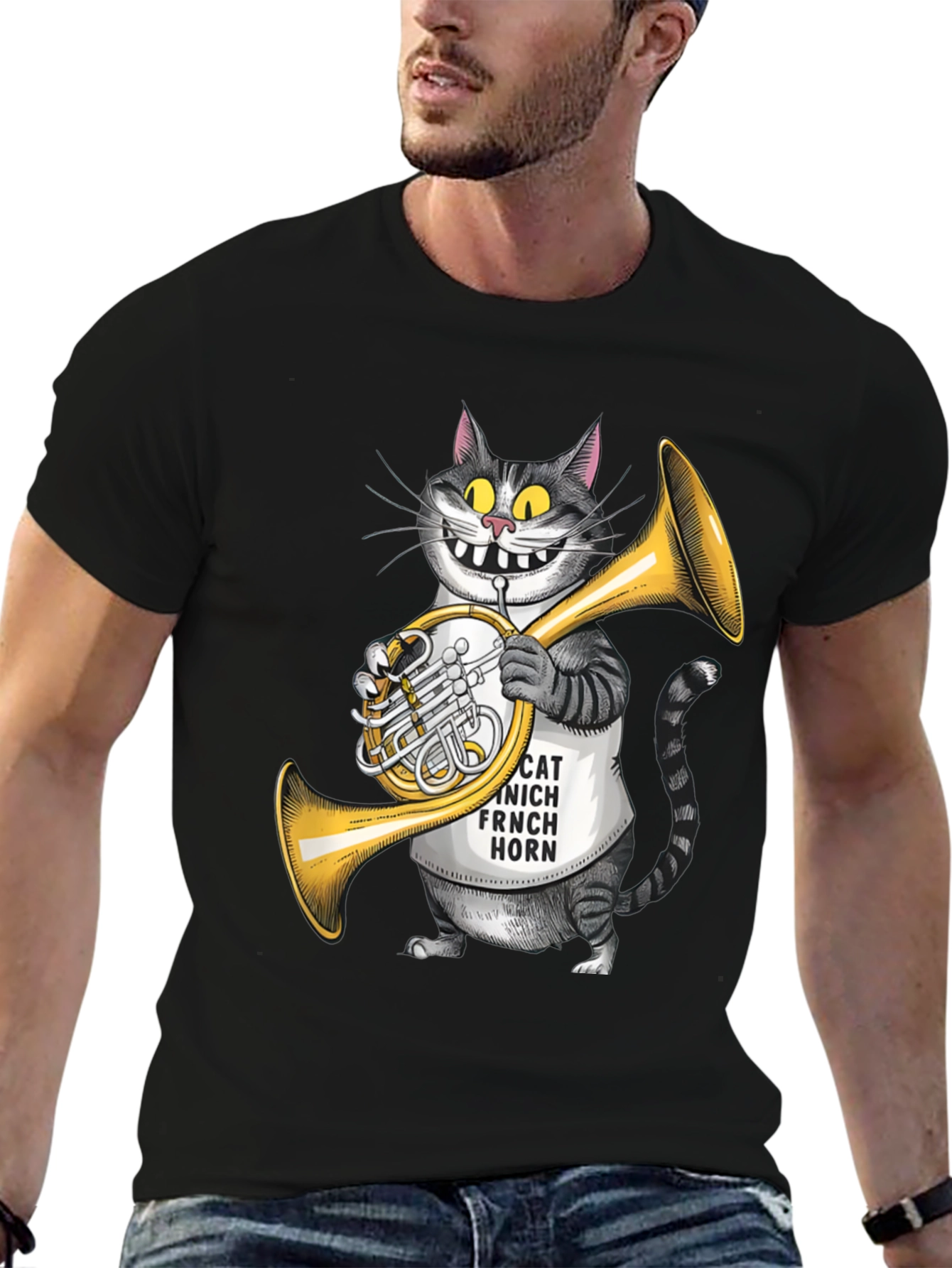 Black Funny Cat French Horn Player T-Shirt view 6