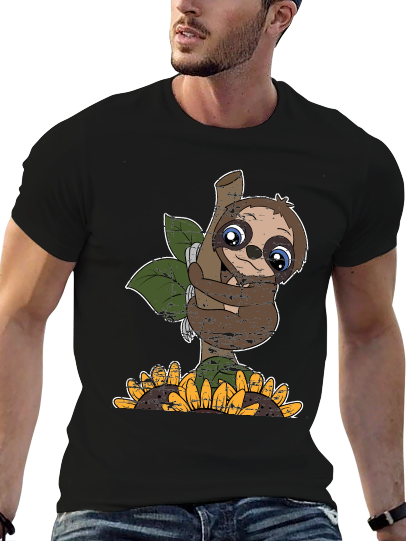 Black Cute Sloth Sunflower Graphic Tee view 6