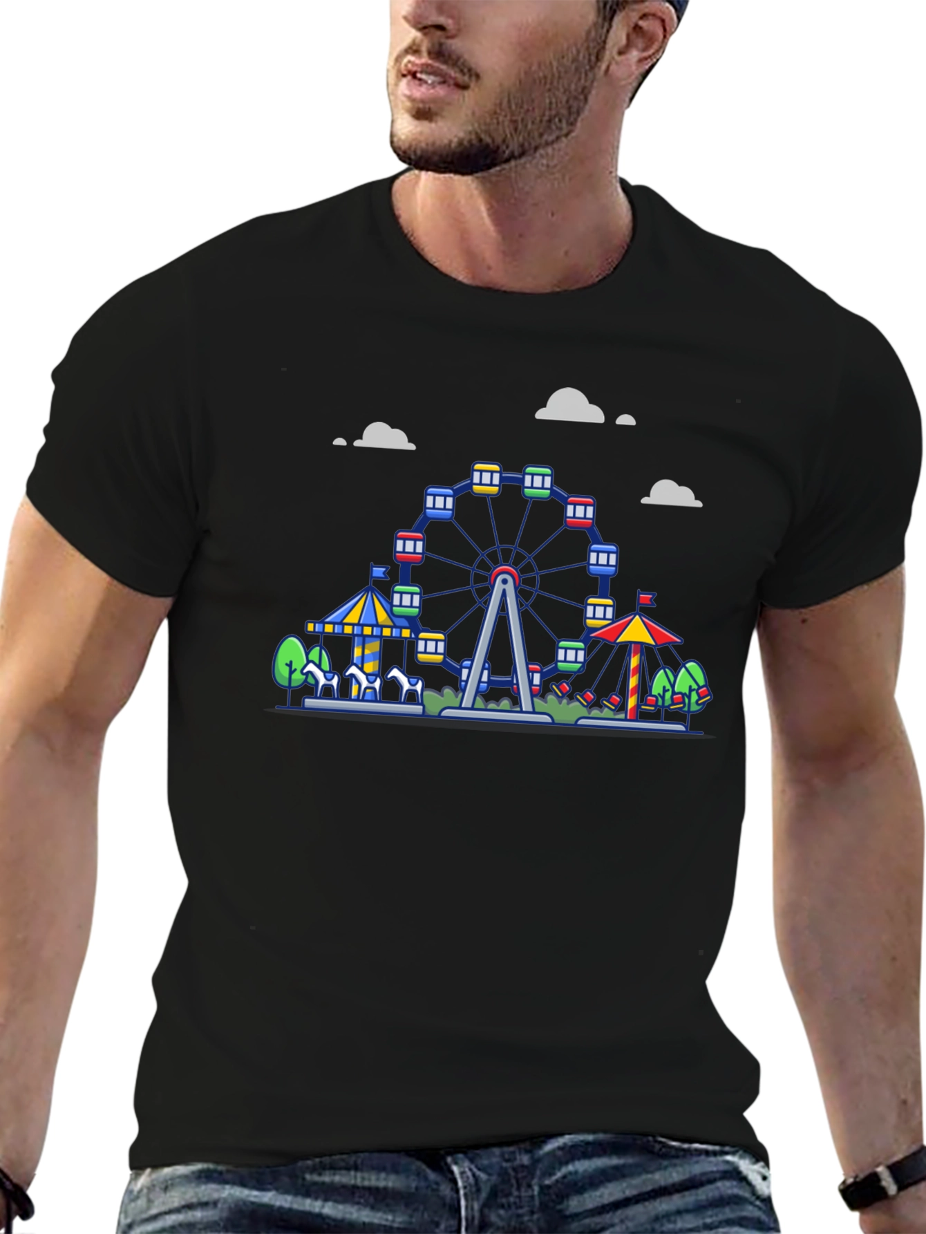 Black Carnival Ferris Wheel Graphic Tee - Black Cotton Shirt view 6