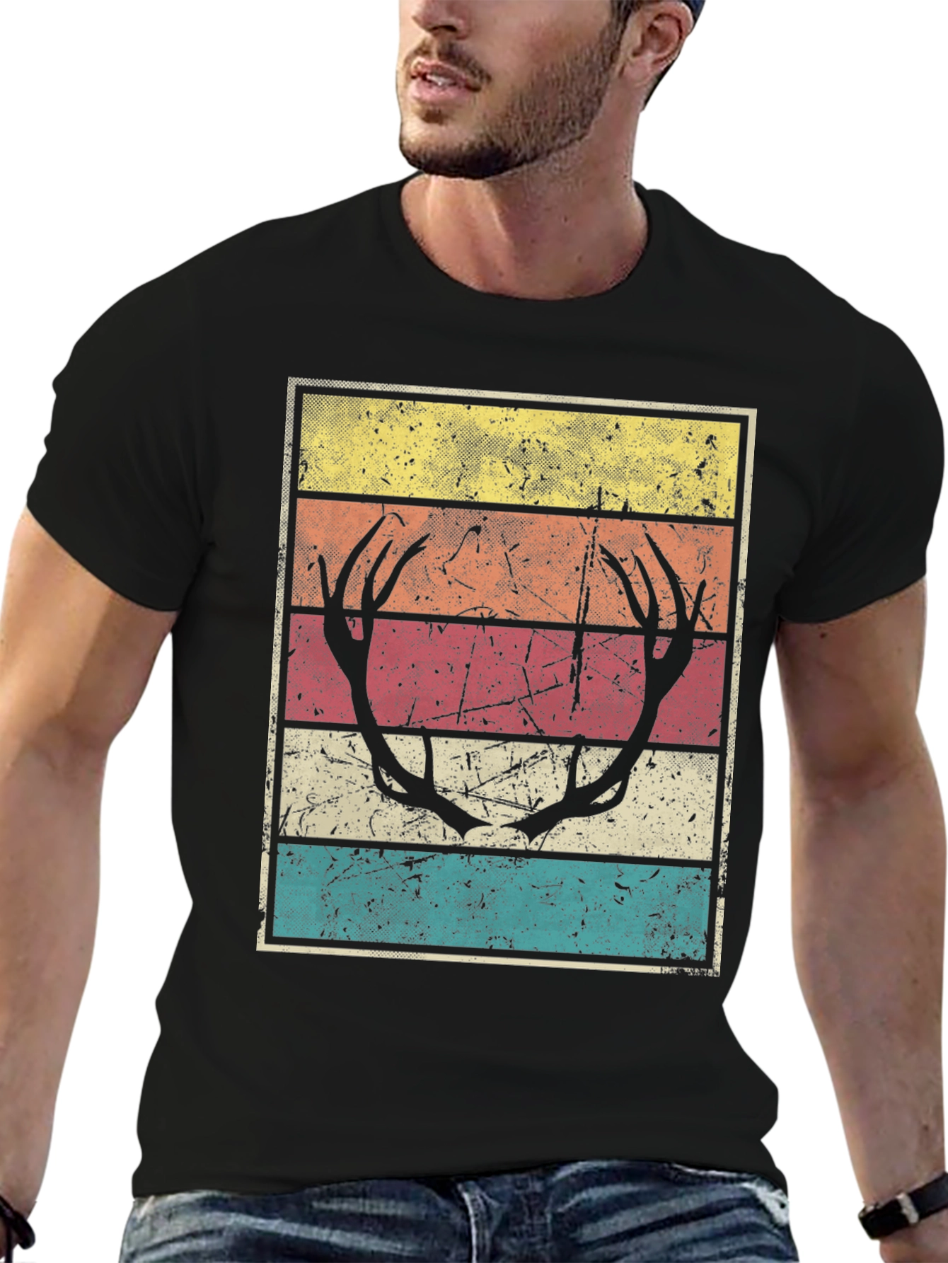Black Retro Deer Antler Graphic Tee - Vintage Style view 6