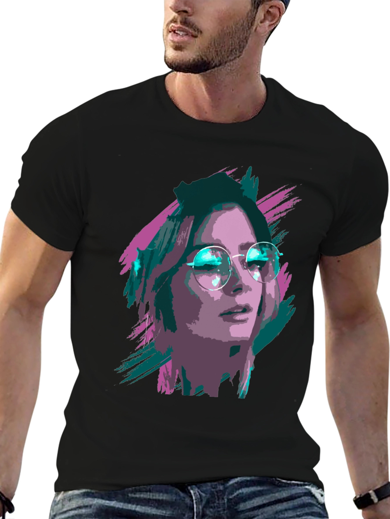Black Stylish Graphic T-Shirt - Woman with Glasses Print view 6