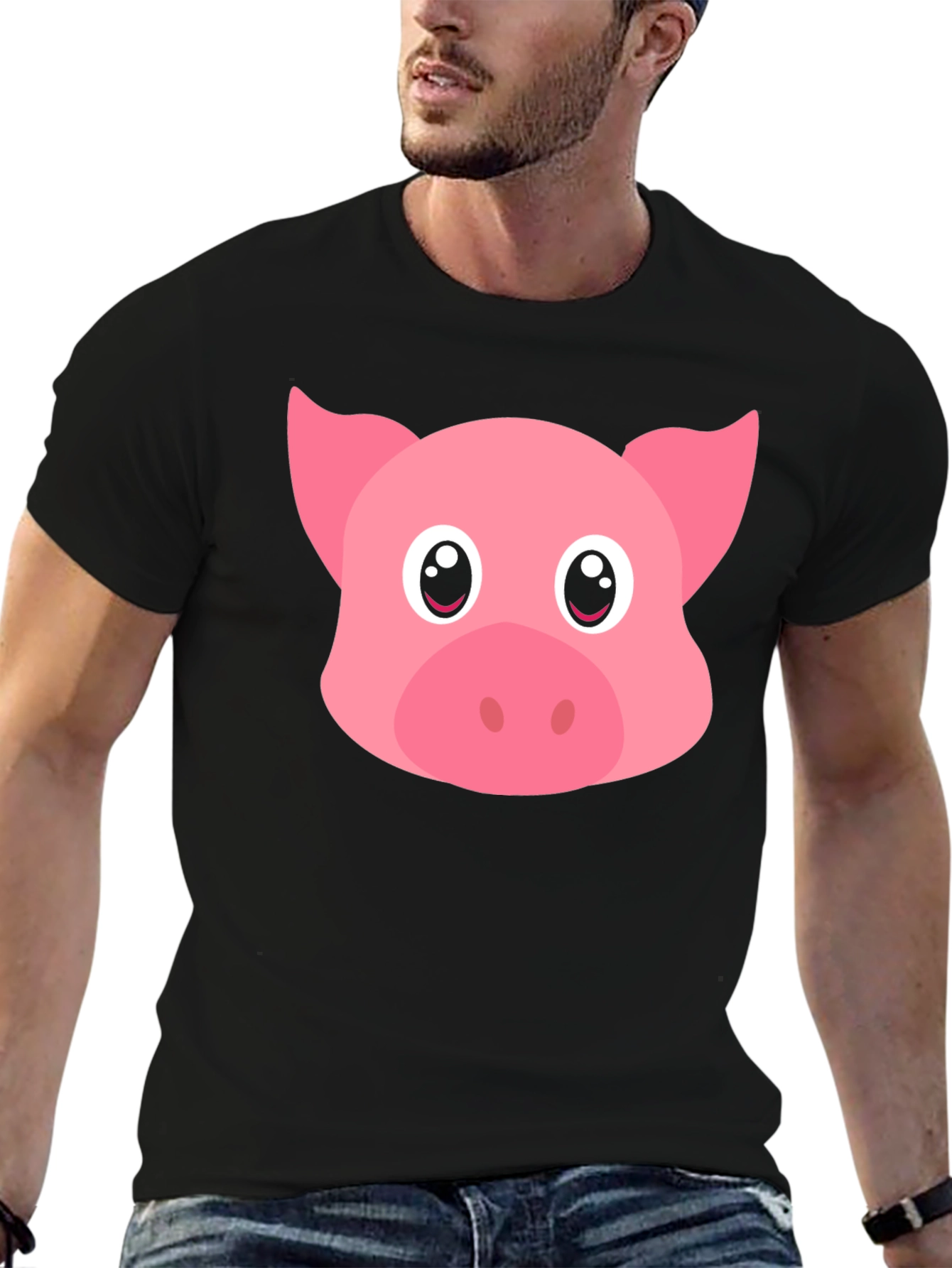 Black Cute Pig Face Graphic Black T-Shirt view 6