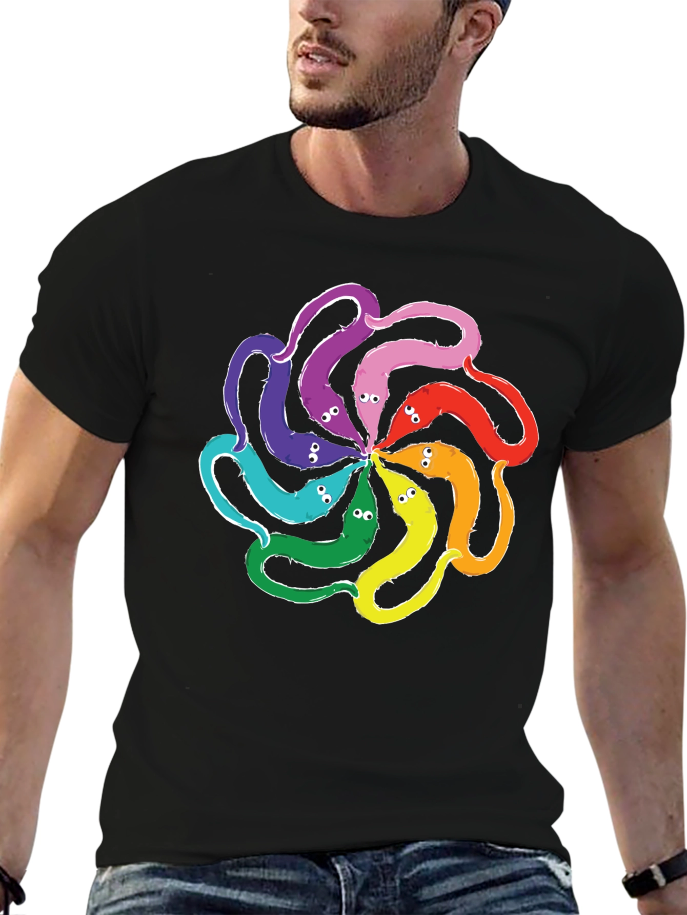 Black Colorful Worms On A String T-Shirt view 6