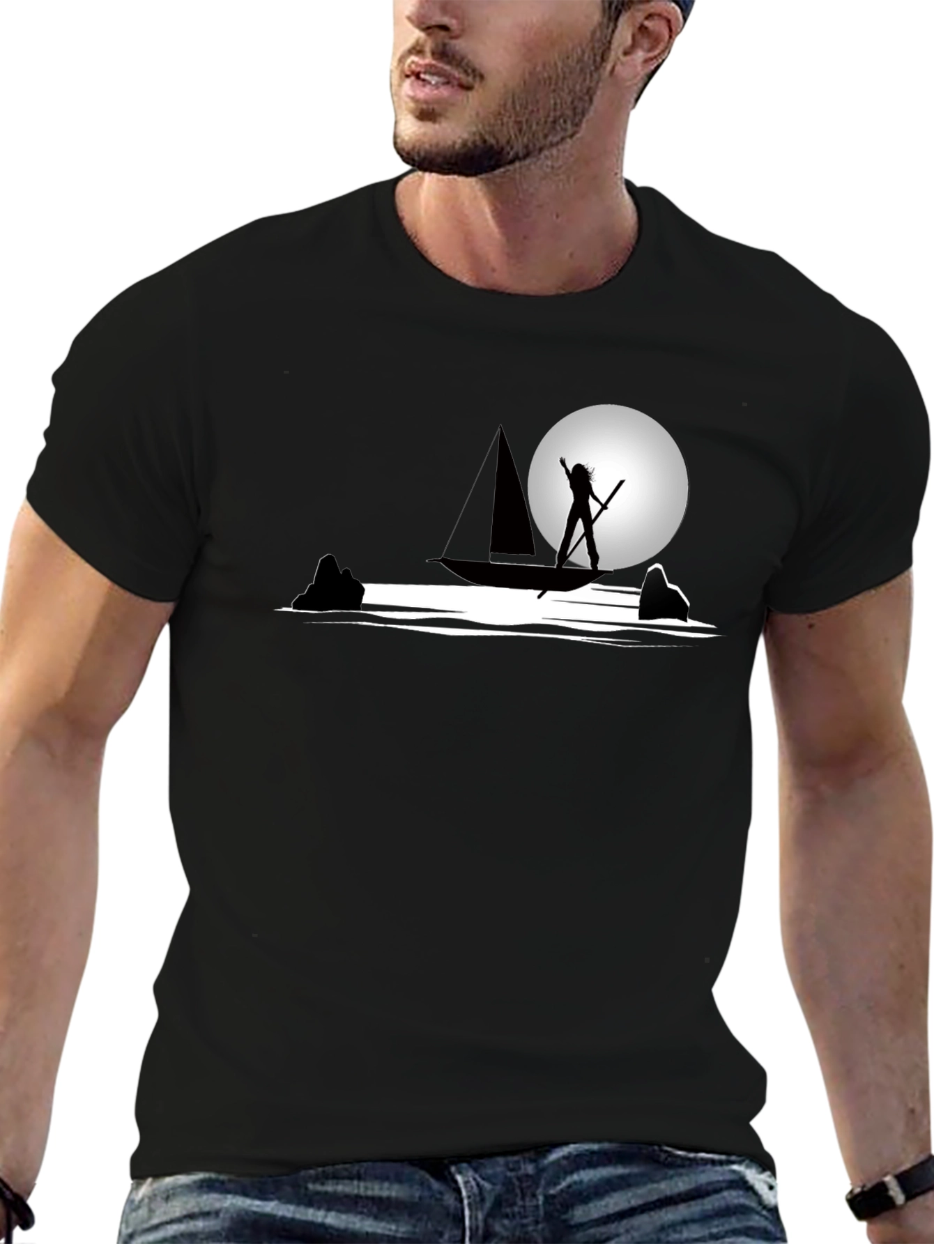 Black Silhouette Boat Graphic T-Shirt - Cool Design view 6