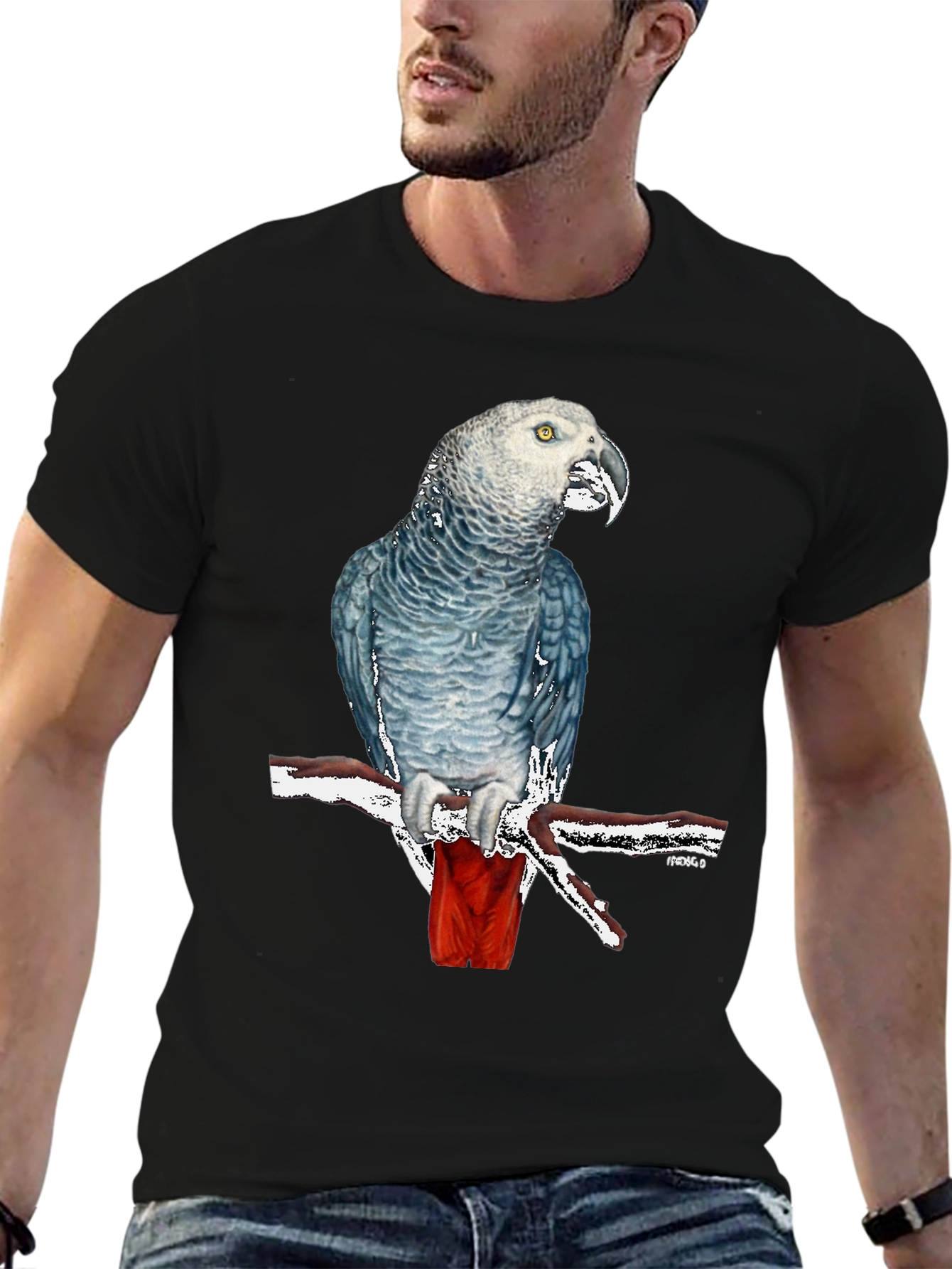 Black African Grey Parrot Graphic T-Shirt - Unisex Black Tee view 6