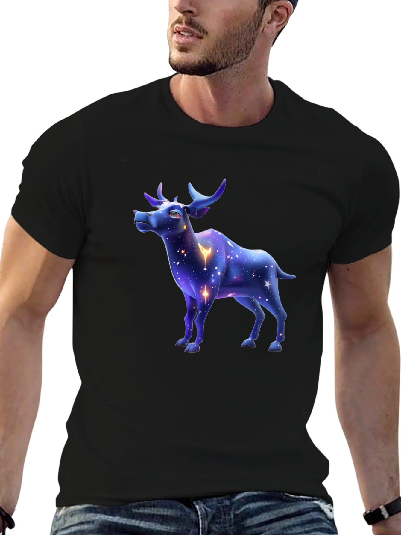 Black Galaxy Deer Graphic Tee - Stylish Men's Black T-Shirt view 6