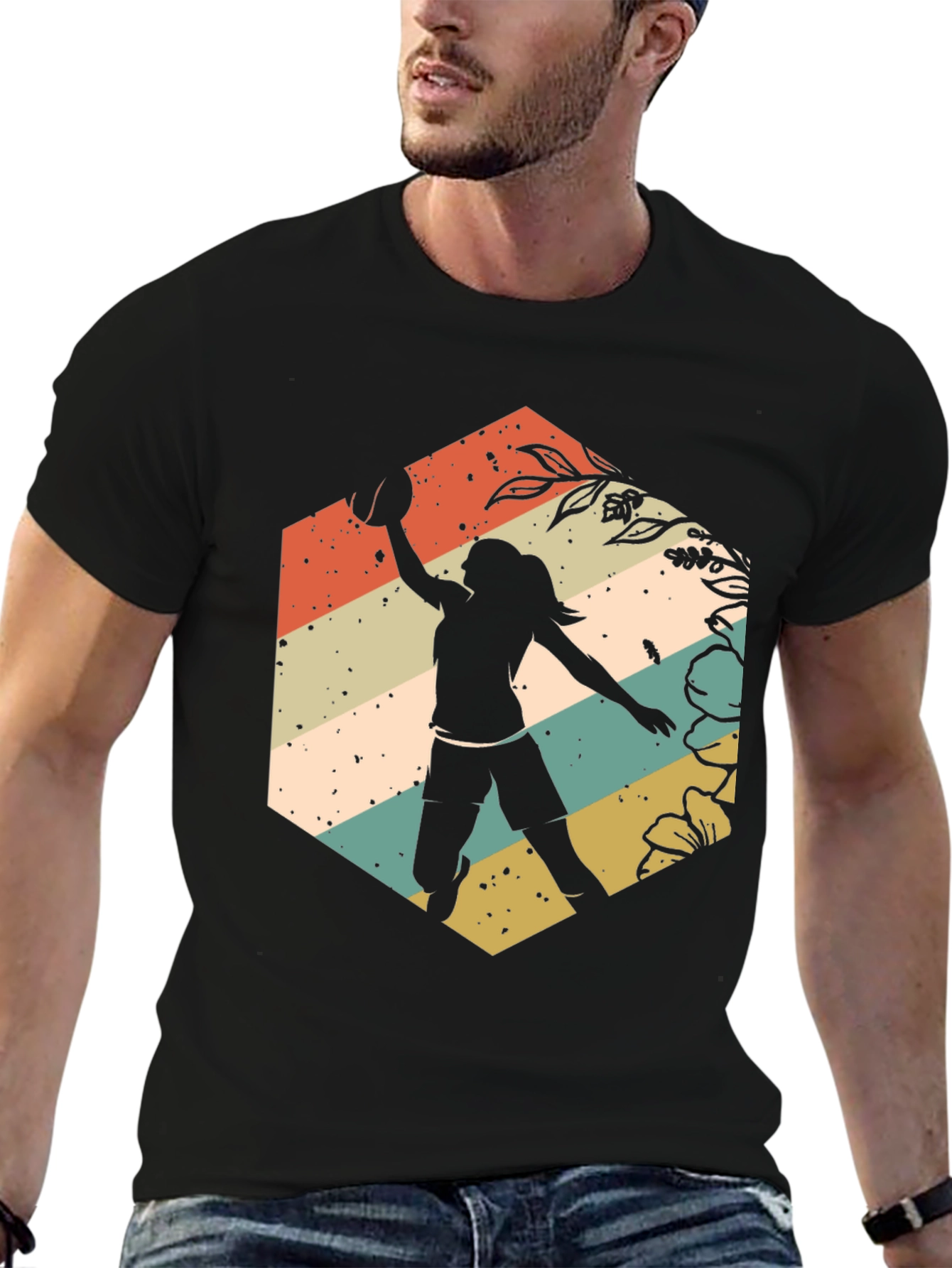 Black Retro Volleyball Player Graphic T-Shirt view 6