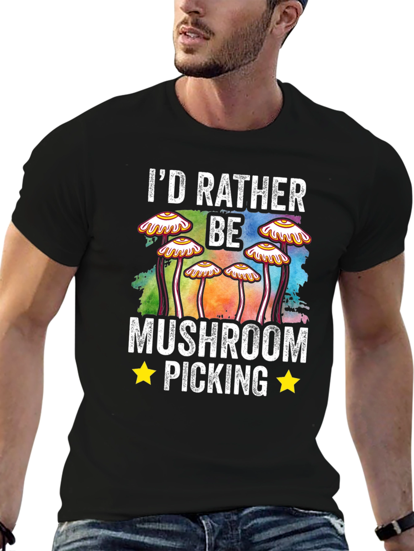 Black Mushroom Picking Graphic T-Shirt view 6