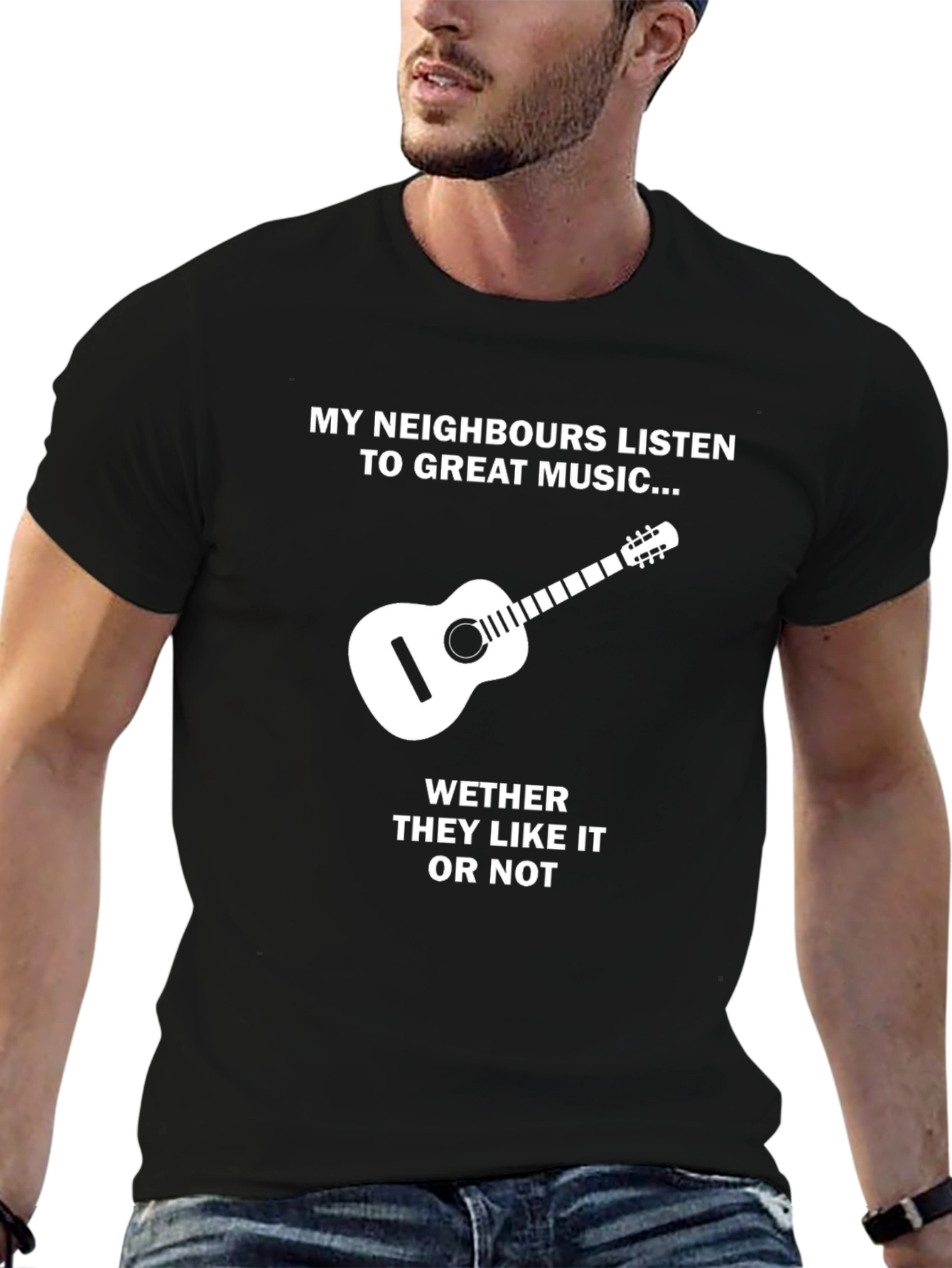Black My Neighbors Listen to Great Music Guitar T-Shirt view 6