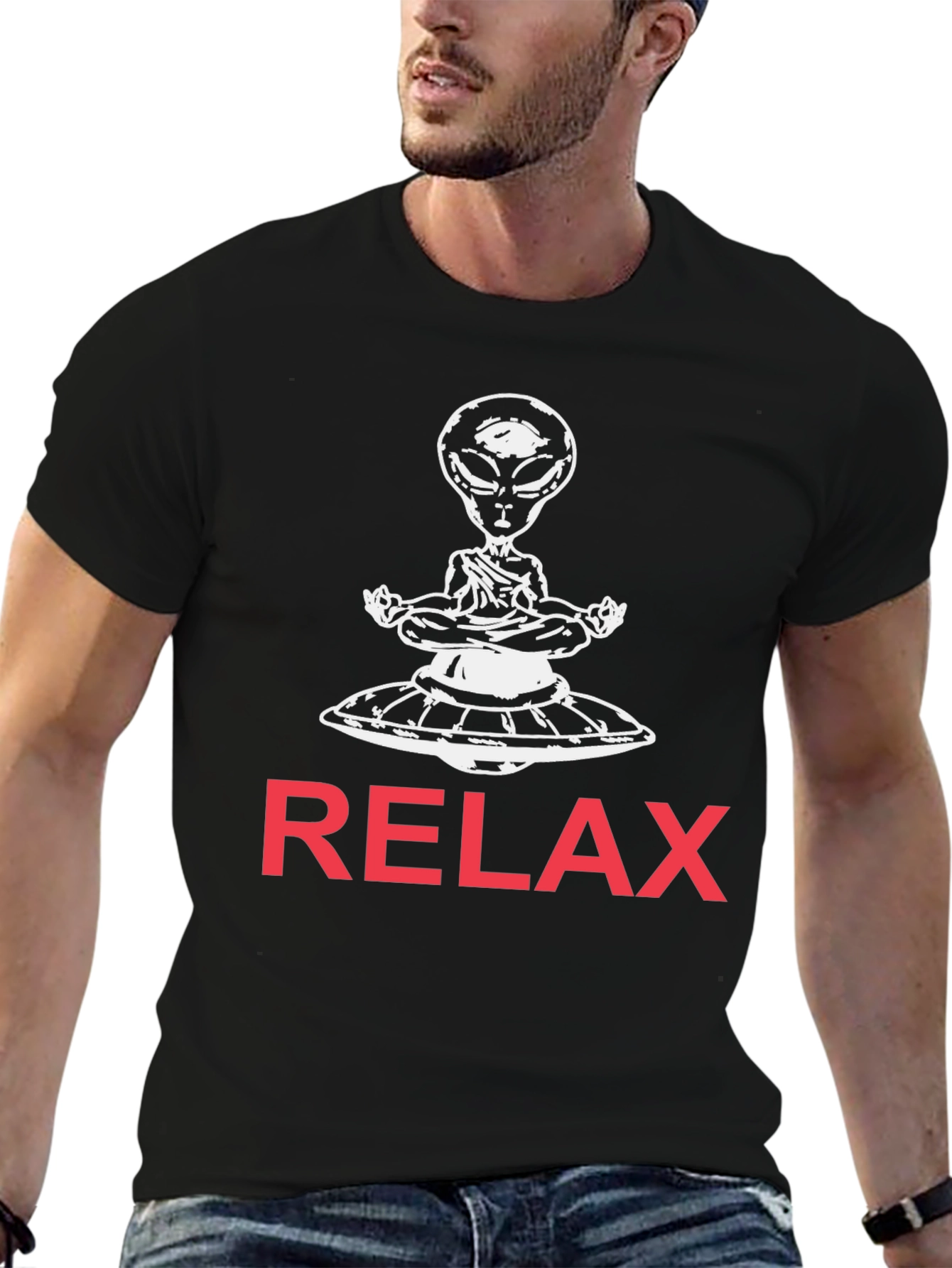 Black Relax Alien T-Shirt -  UFO Meditation Tee view 6