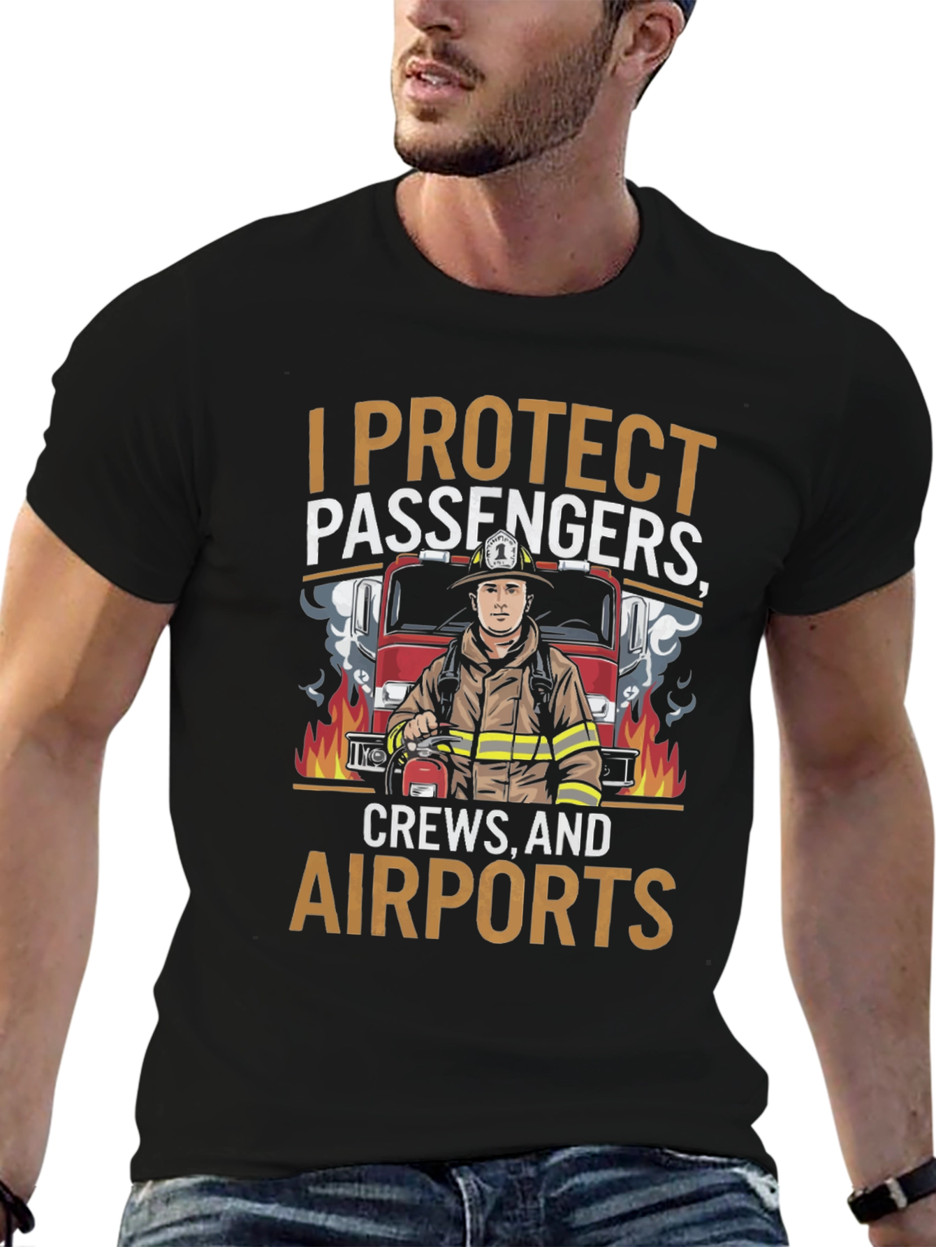 Black Firefighter Airport Crew Protection Graphic T-Shirt view 6