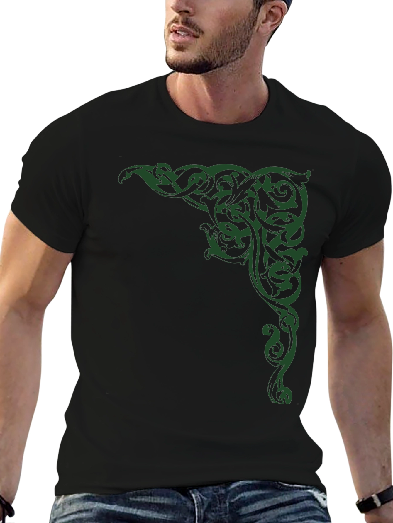 Black Men's Black T-Shirt with Green Celtic Corner Design view 6
