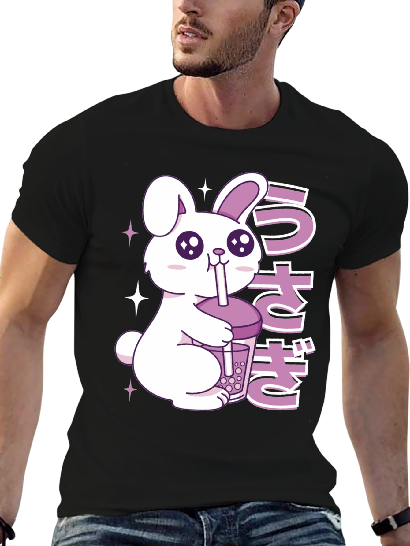 Black Kawaii Rabbit Boba Tea Graphic T-Shirt view 6