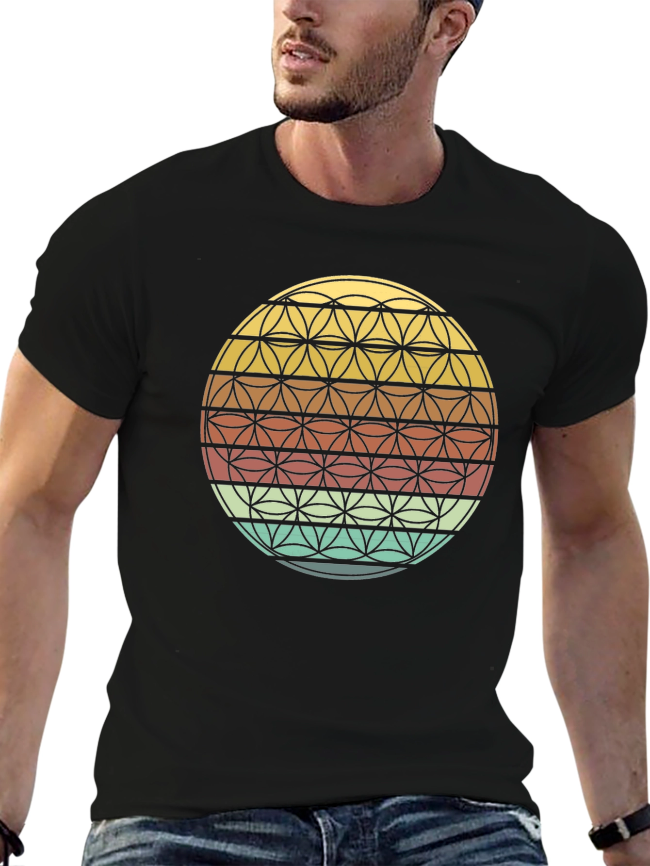 Black Geometric Flower of Life Retro T-Shirt view 6