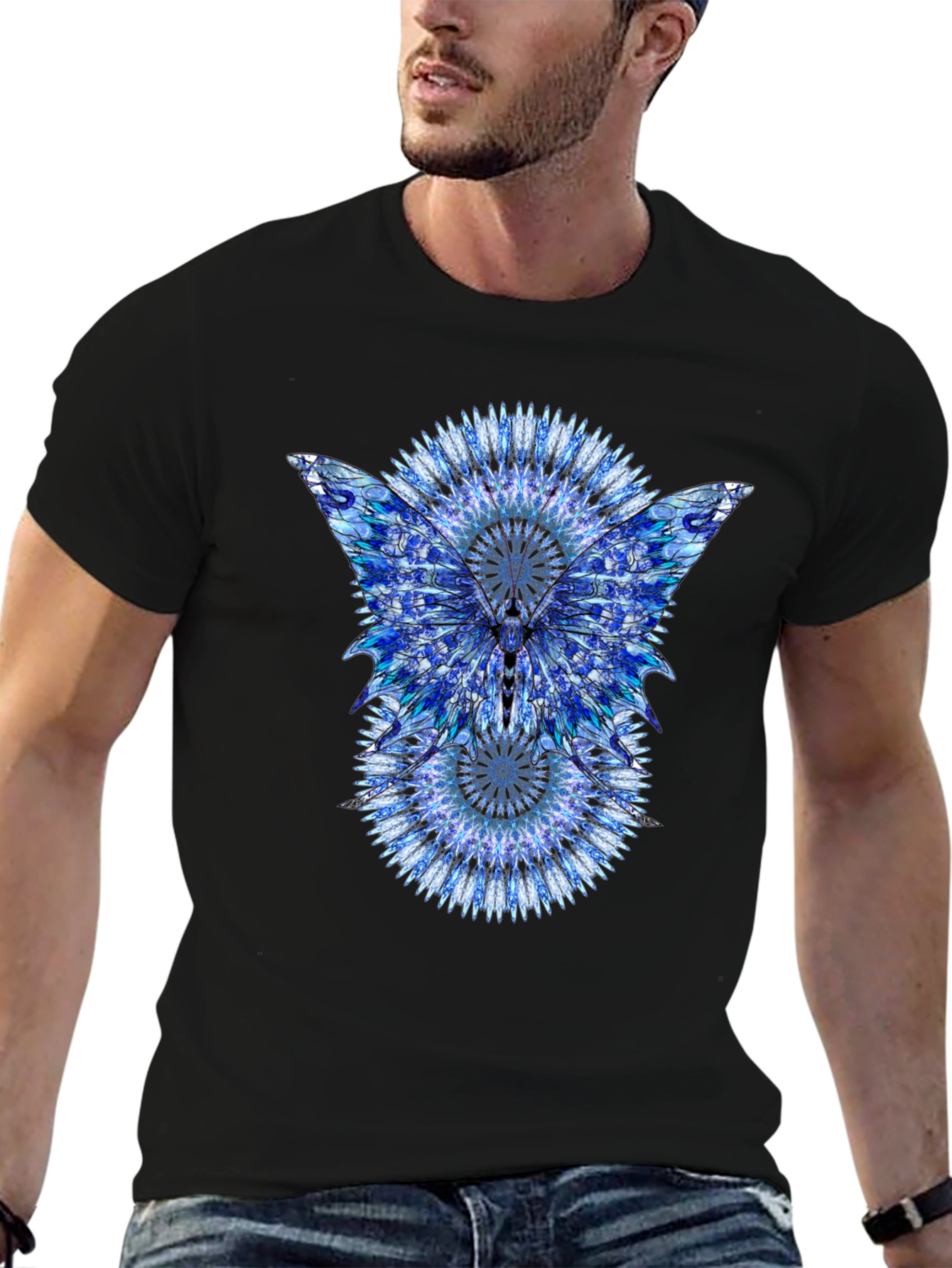 Black Blue Mandala Butterfly Graphic Print Black T-Shirt view 6
