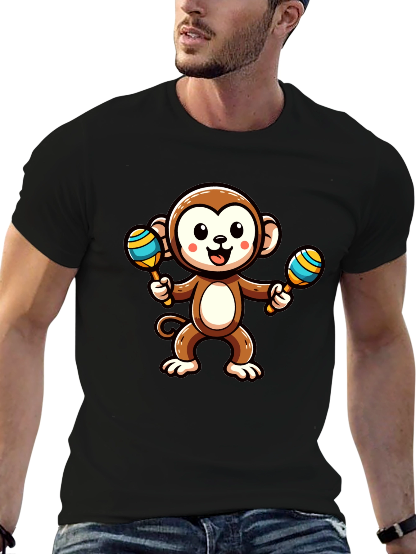 Black Cartoon Monkey with Maracas Graphic Tee view 6