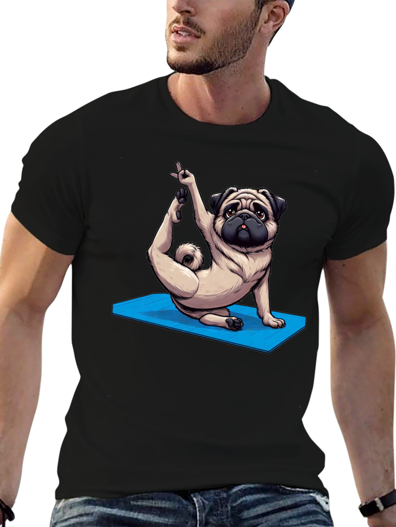 Black Yoga Pug Graphic Tee - Men's Black T-Shirt view 6