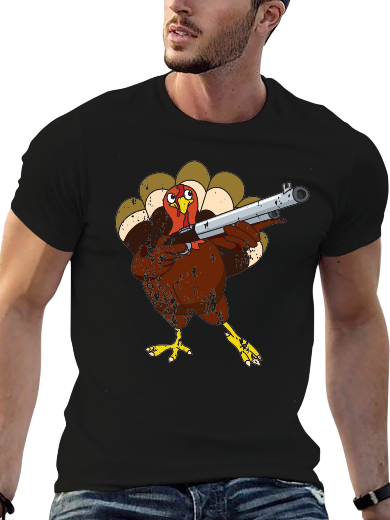 Black Turkey with Shotgun Black T-Shirt - Funny Thanksgiving Tee view 6