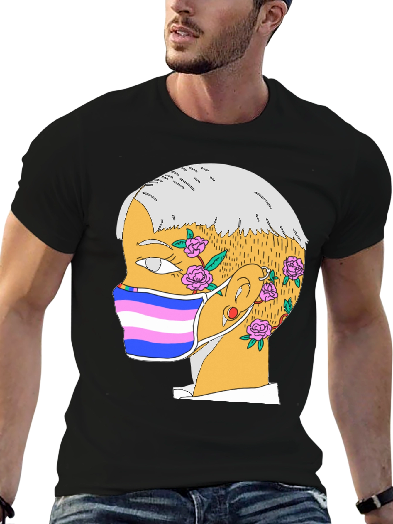 Black Illustrated Portrait T-Shirt - Unique Graphic Tee view 6