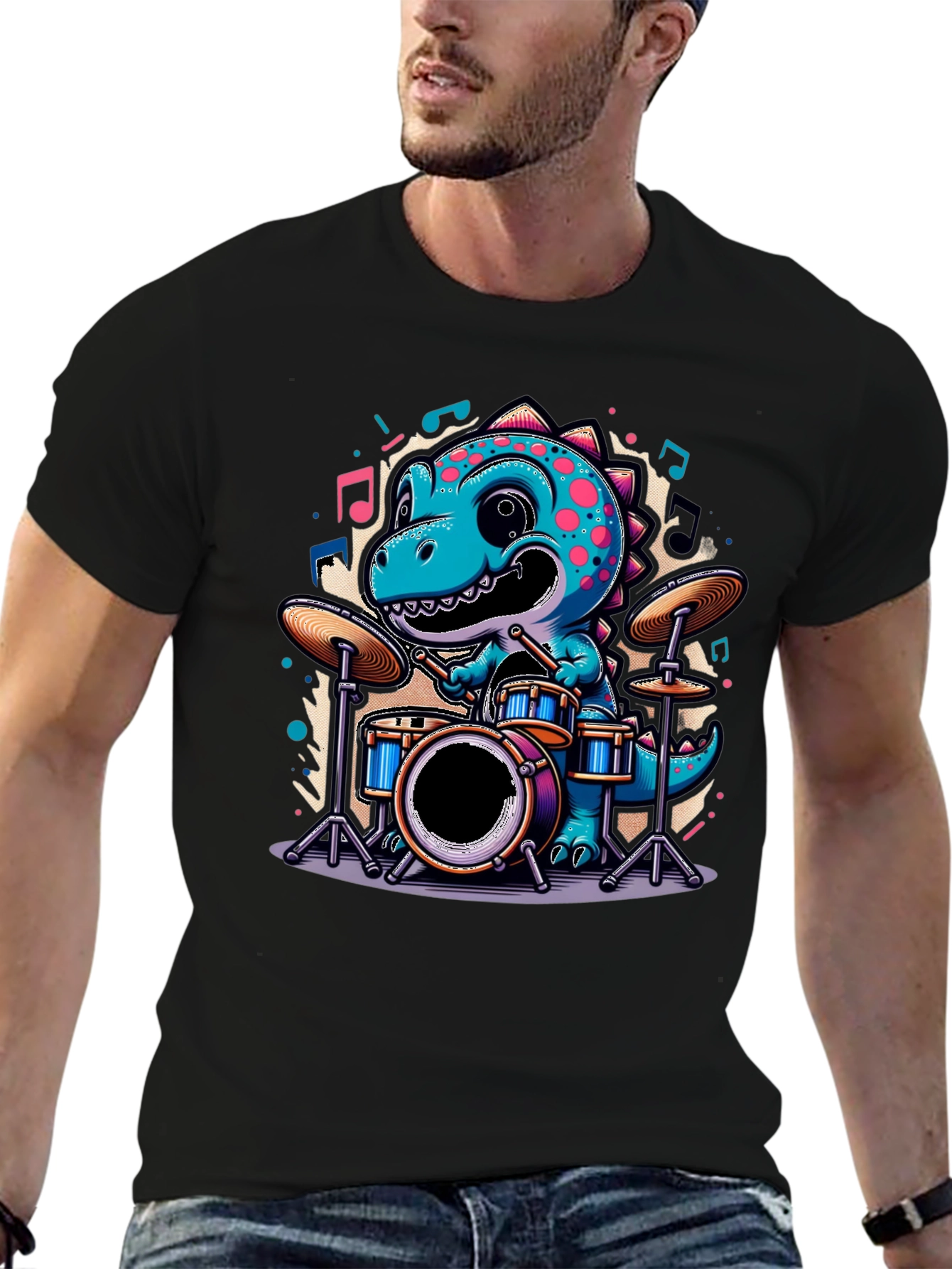 Black Dino Drummer Tee - Cute Cartoon Dinosaur T-Shirt view 6