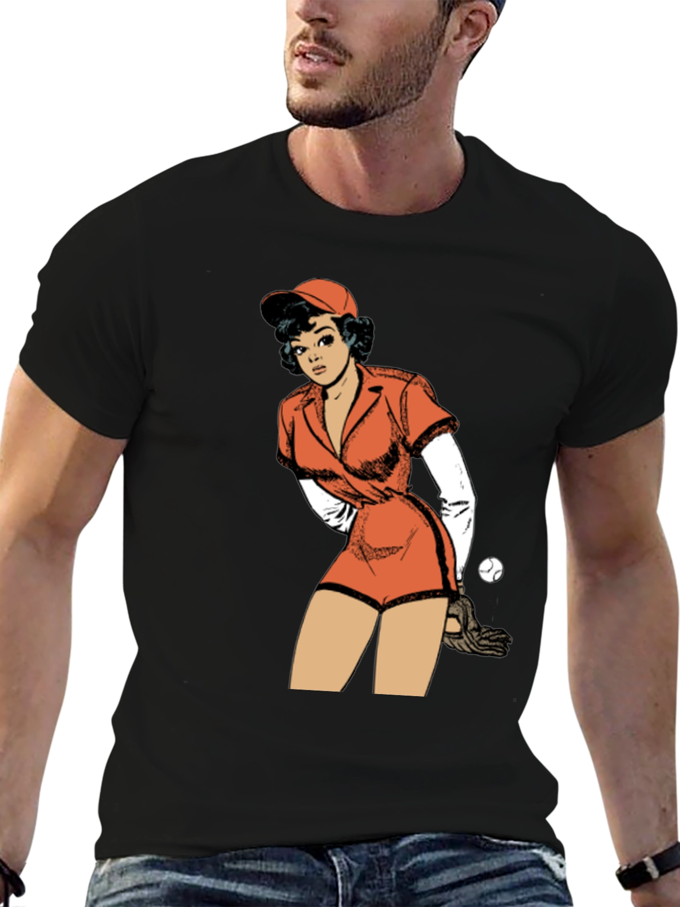 Black Retro Baseball Girl Graphic T-Shirt view 6