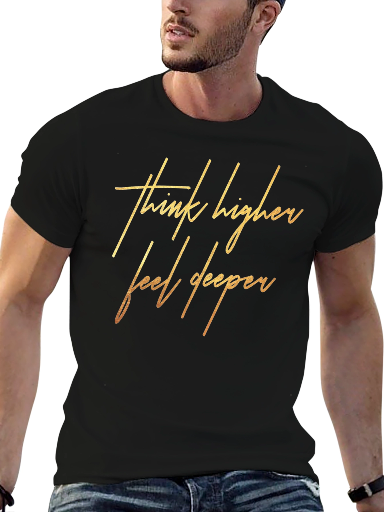 Black Think Higher Feel Deeper Black Graphic Tee view 6