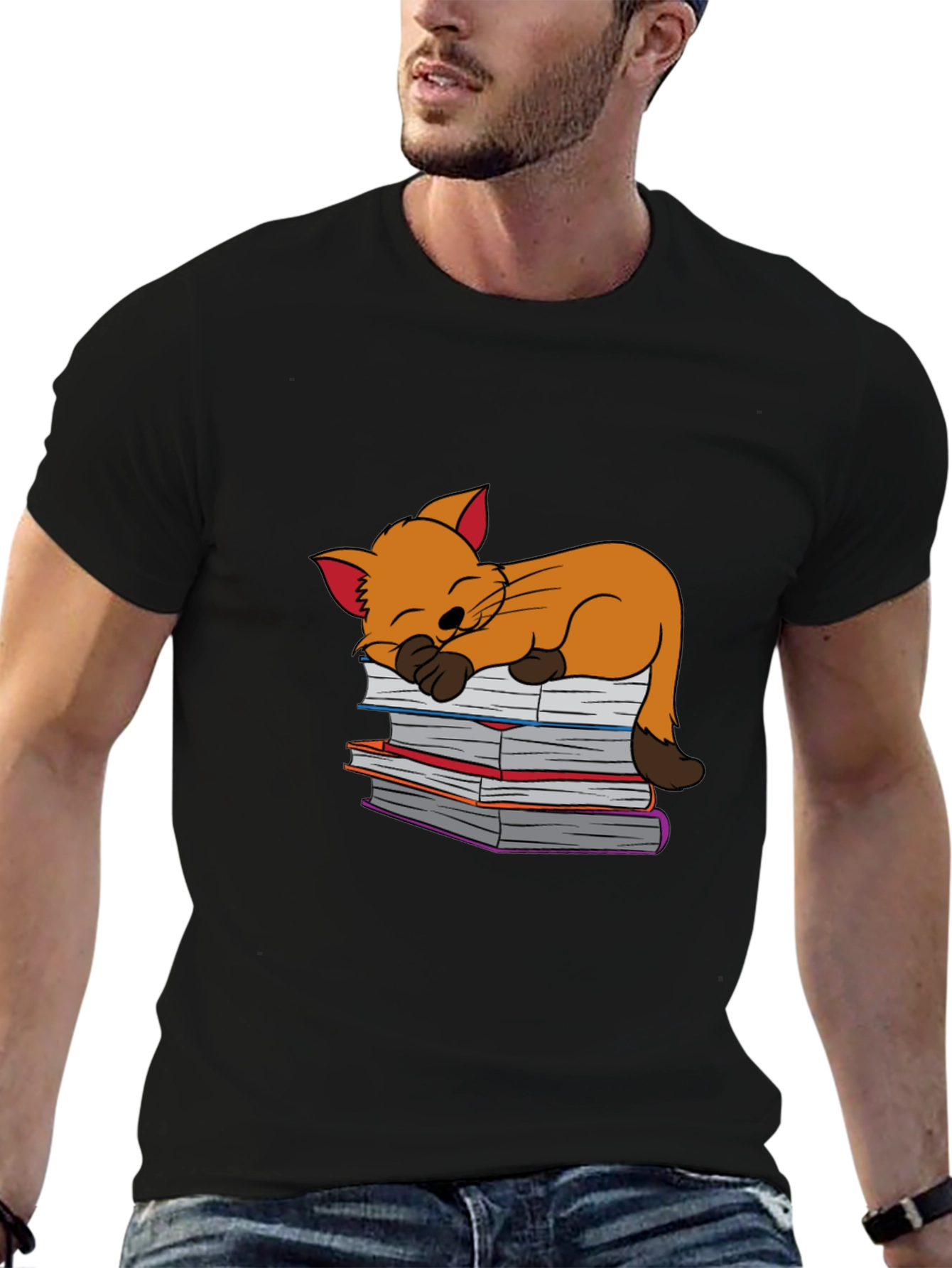 Black Cute Cat Sleeping on Books T-Shirt - Black view 6