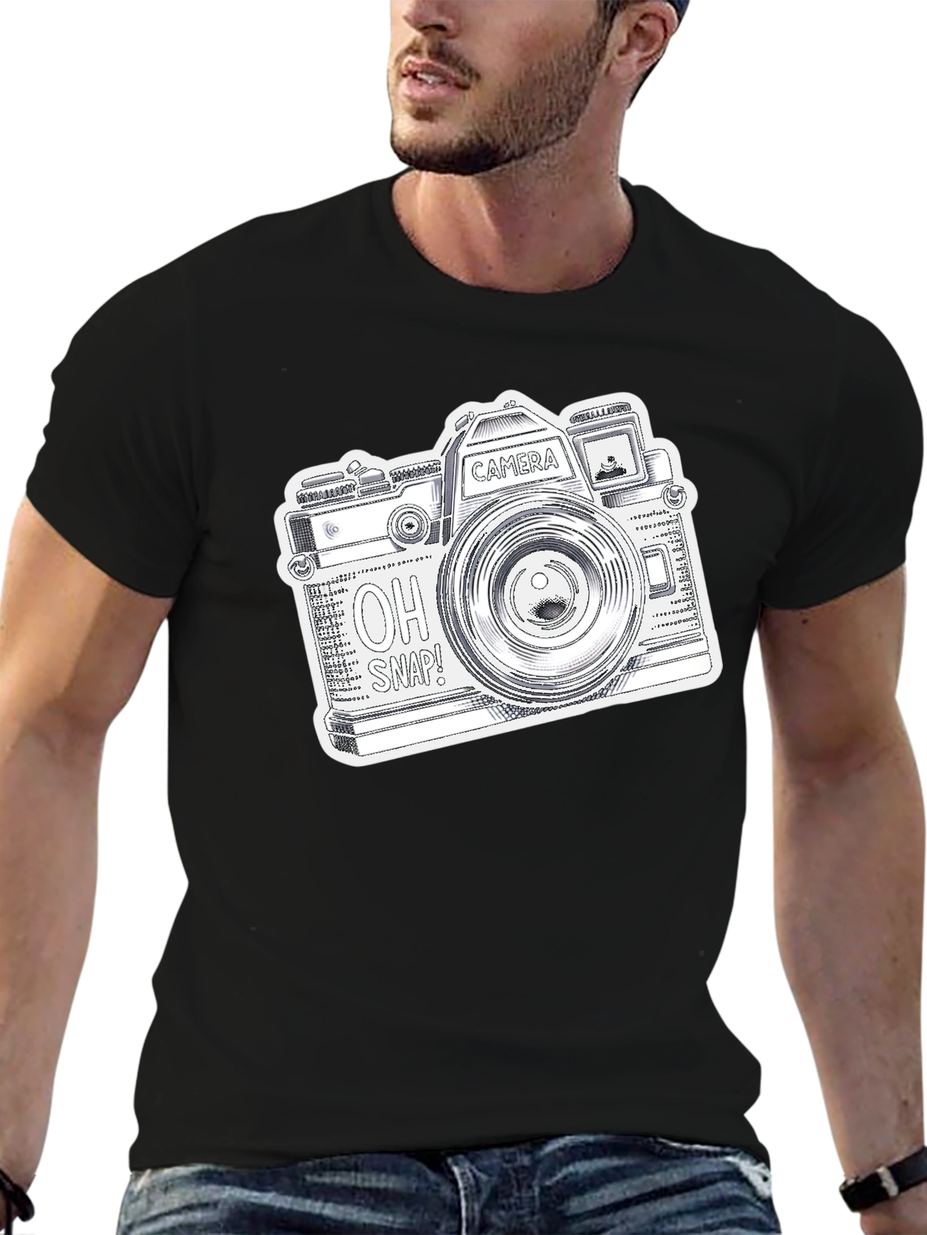 Black Retro Camera Graphic Print Black T-Shirt view 6