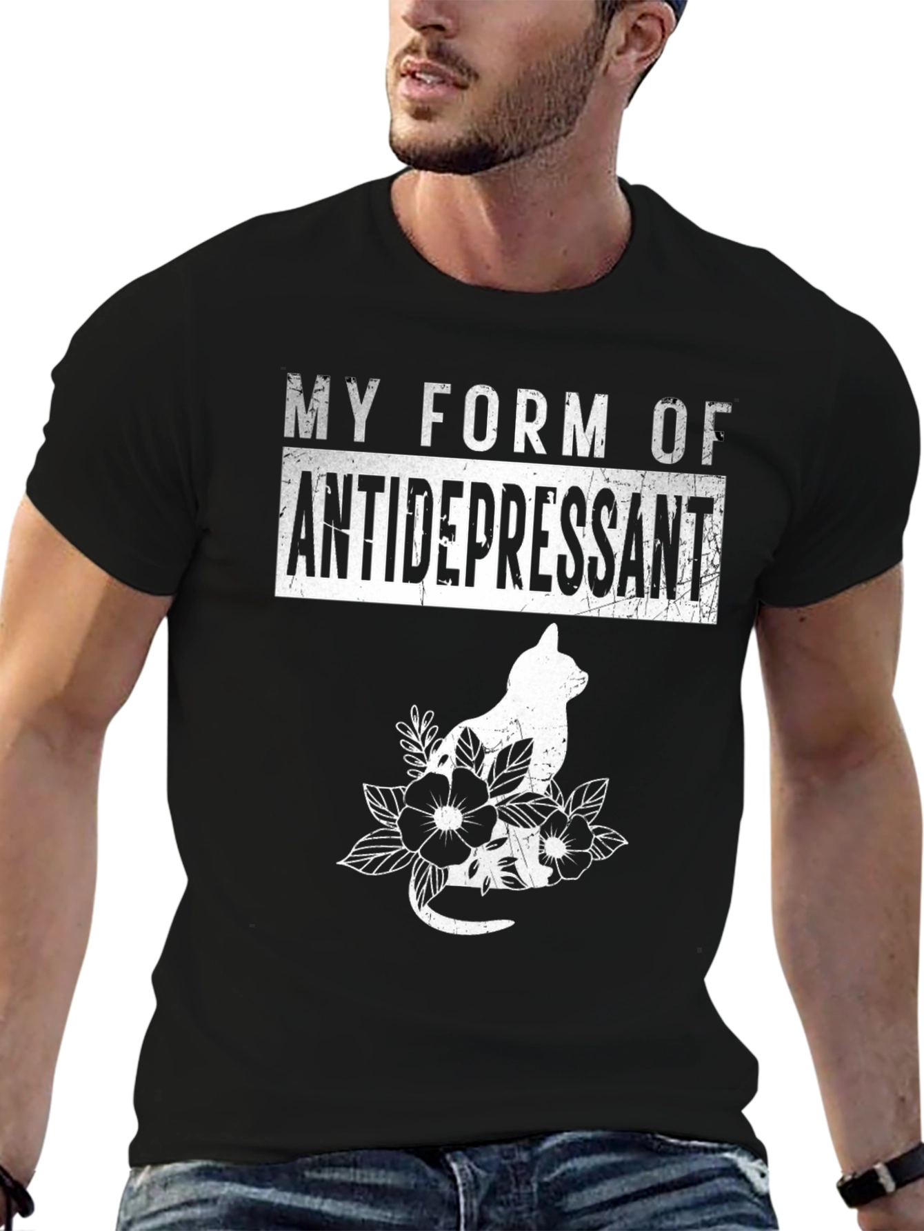 Black Cat Antidepressant Black T-Shirt view 6