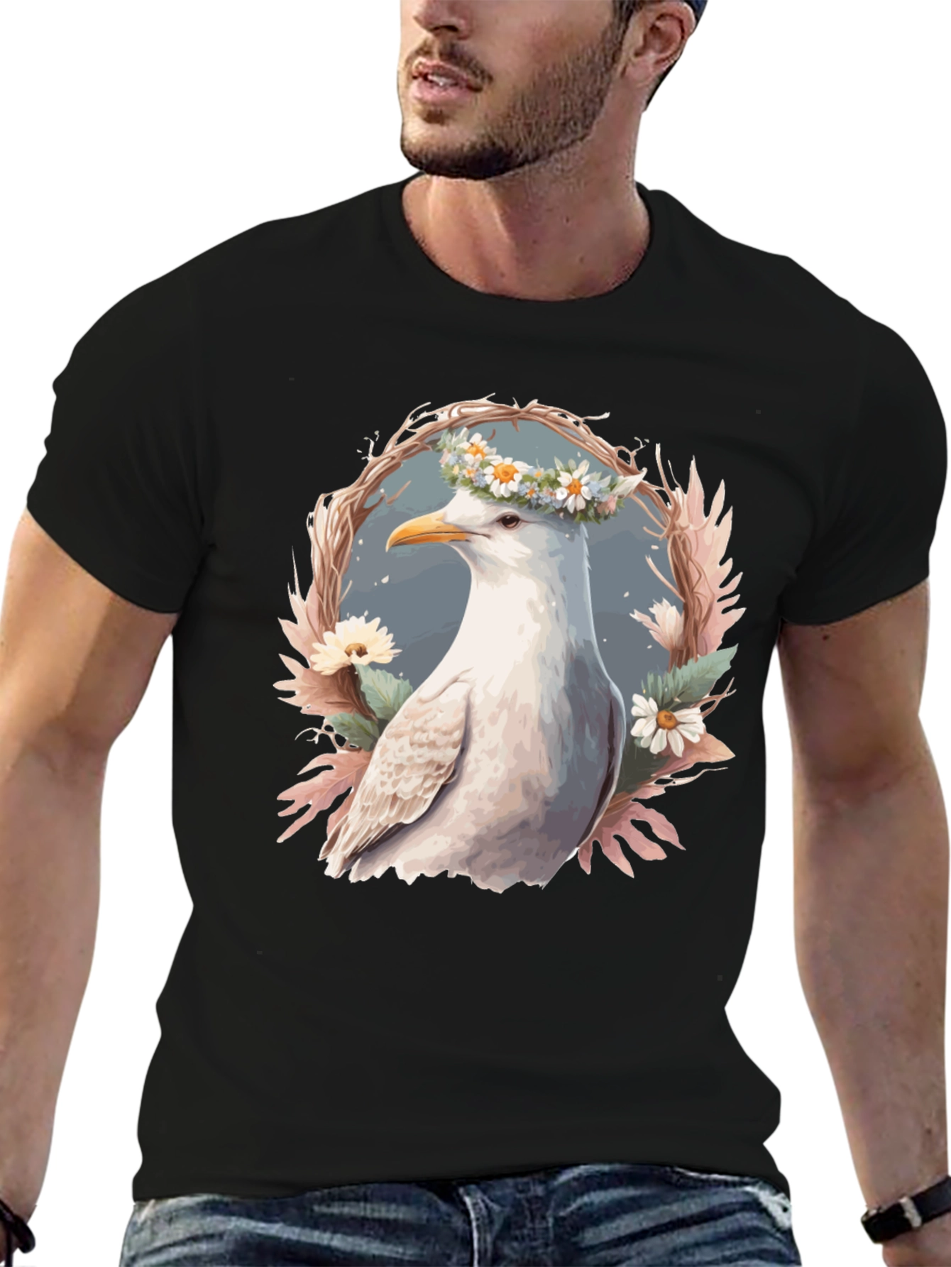 Black Seagull Floral Wreath Graphic Tee view 6
