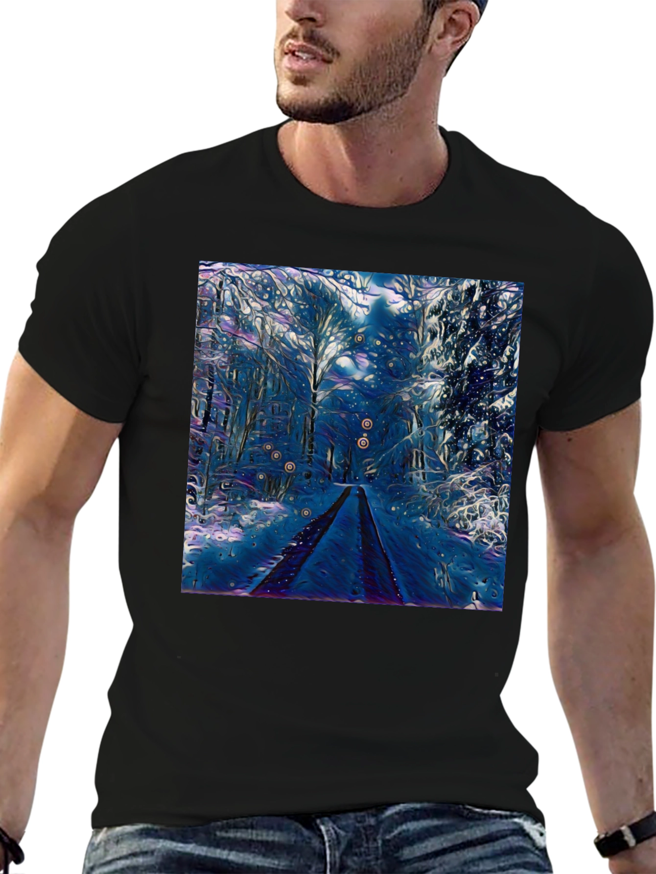 Black Winter Forest Art Graphic Tee - Black Cotton Blend view 6