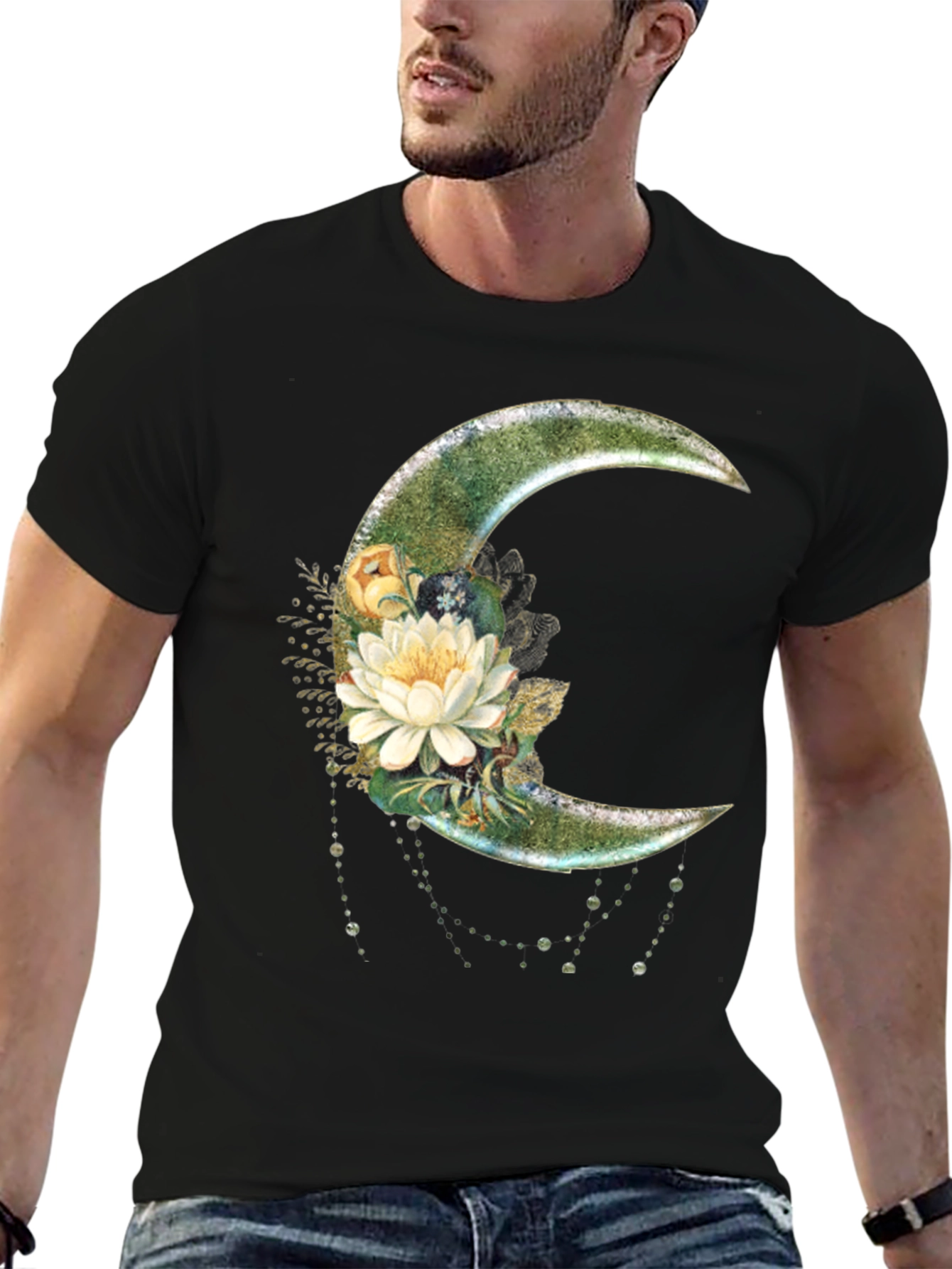 Black Floral Moon Graphic T-Shirt - Stylish Crescent Design view 6