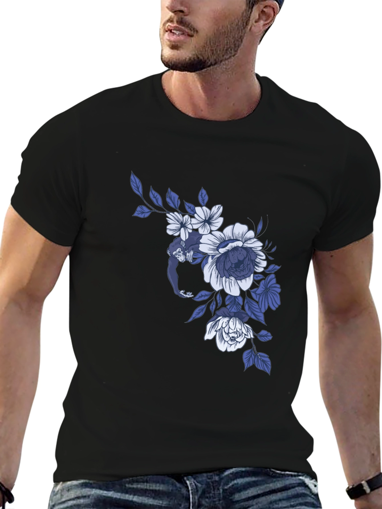 Black Floral Monkey Graphic Tee - Modern Casual Style view 6