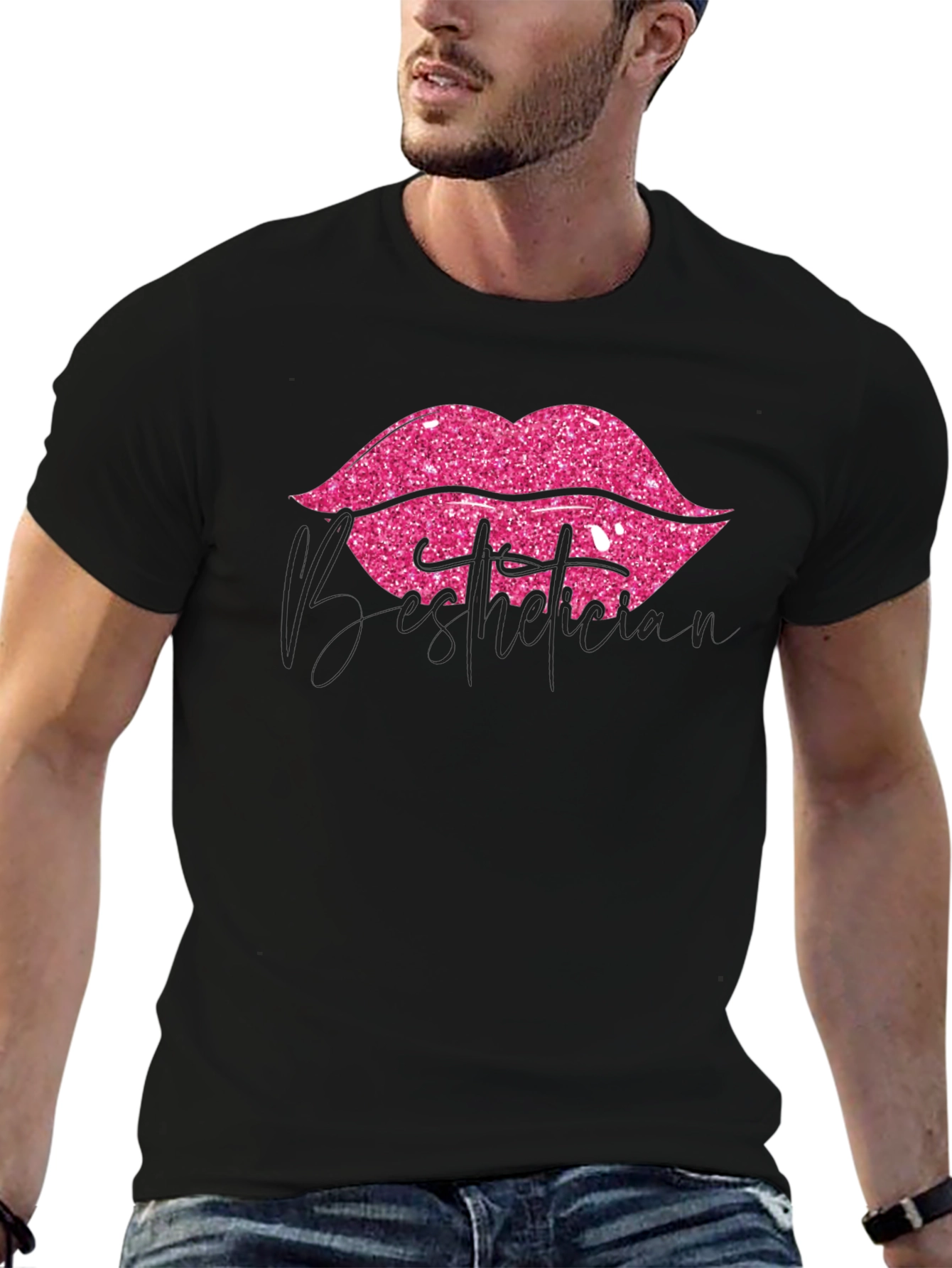 Black Pink Glitter Lips Graphic Black T-Shirt view 6